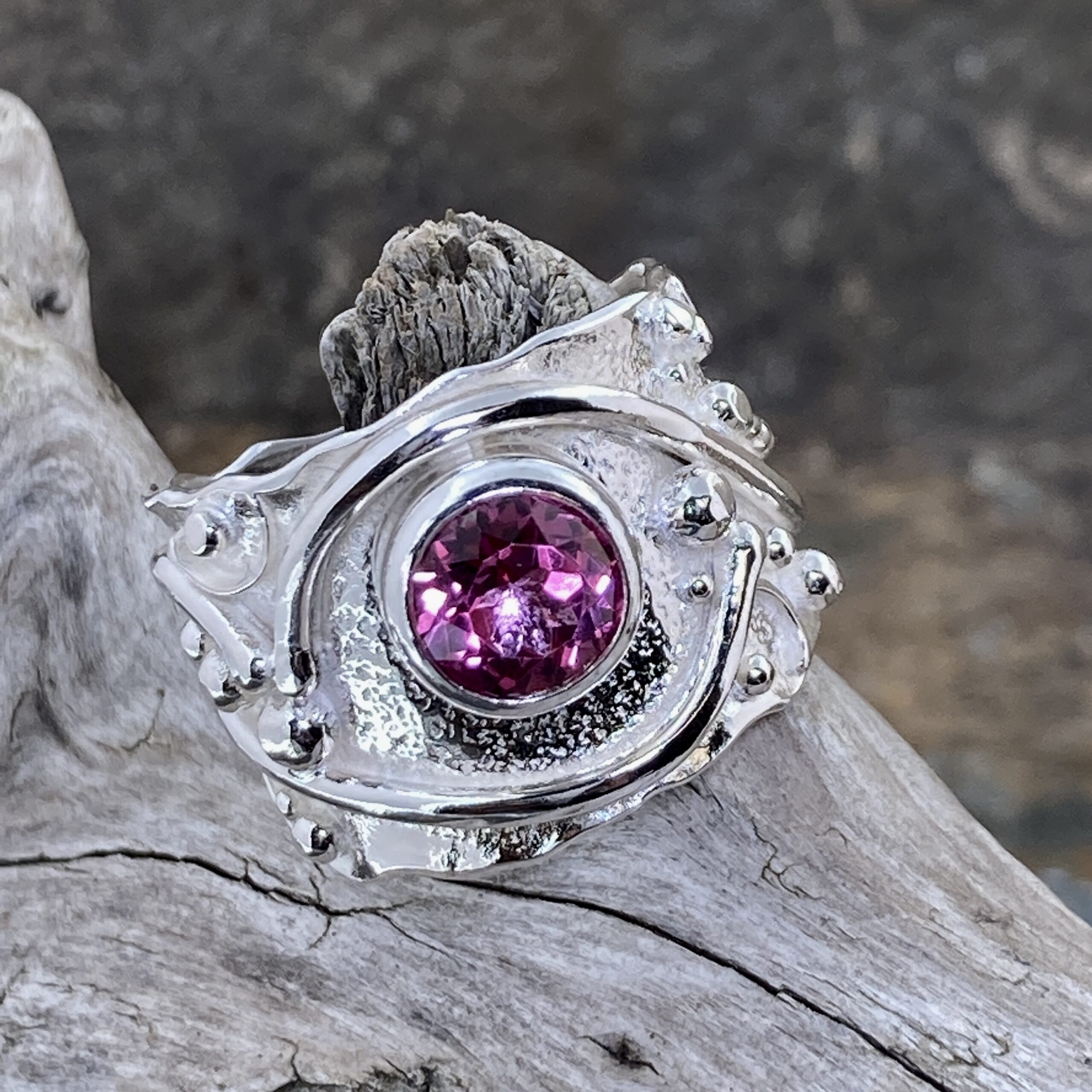 Pink Topaz Ring – Size 10.5 – Argentium Silver Waves – 2.25 Carat