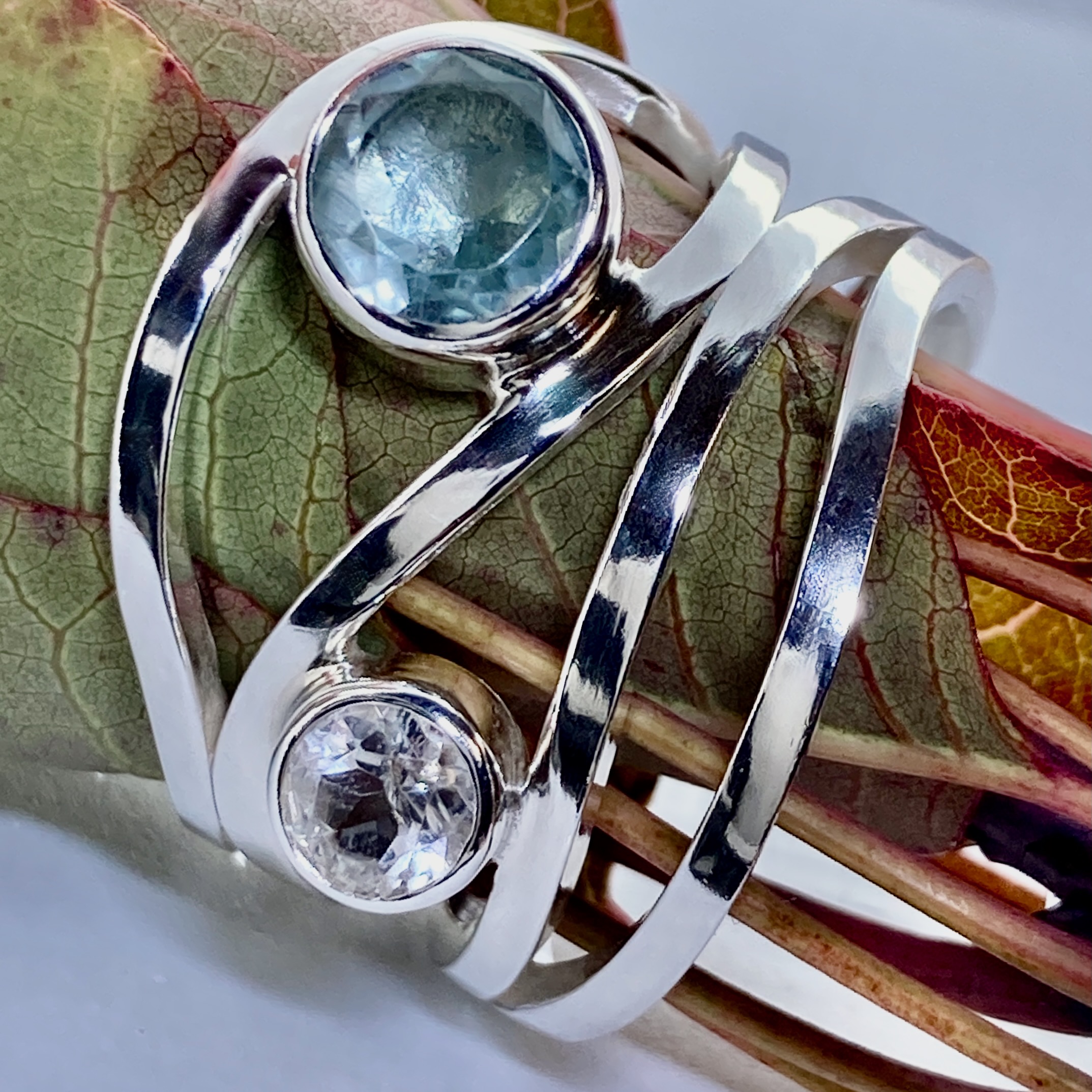 Aquamarine & White Topaz Ring – Size 10.25 – Argentium Silver Wind Band - Image 2