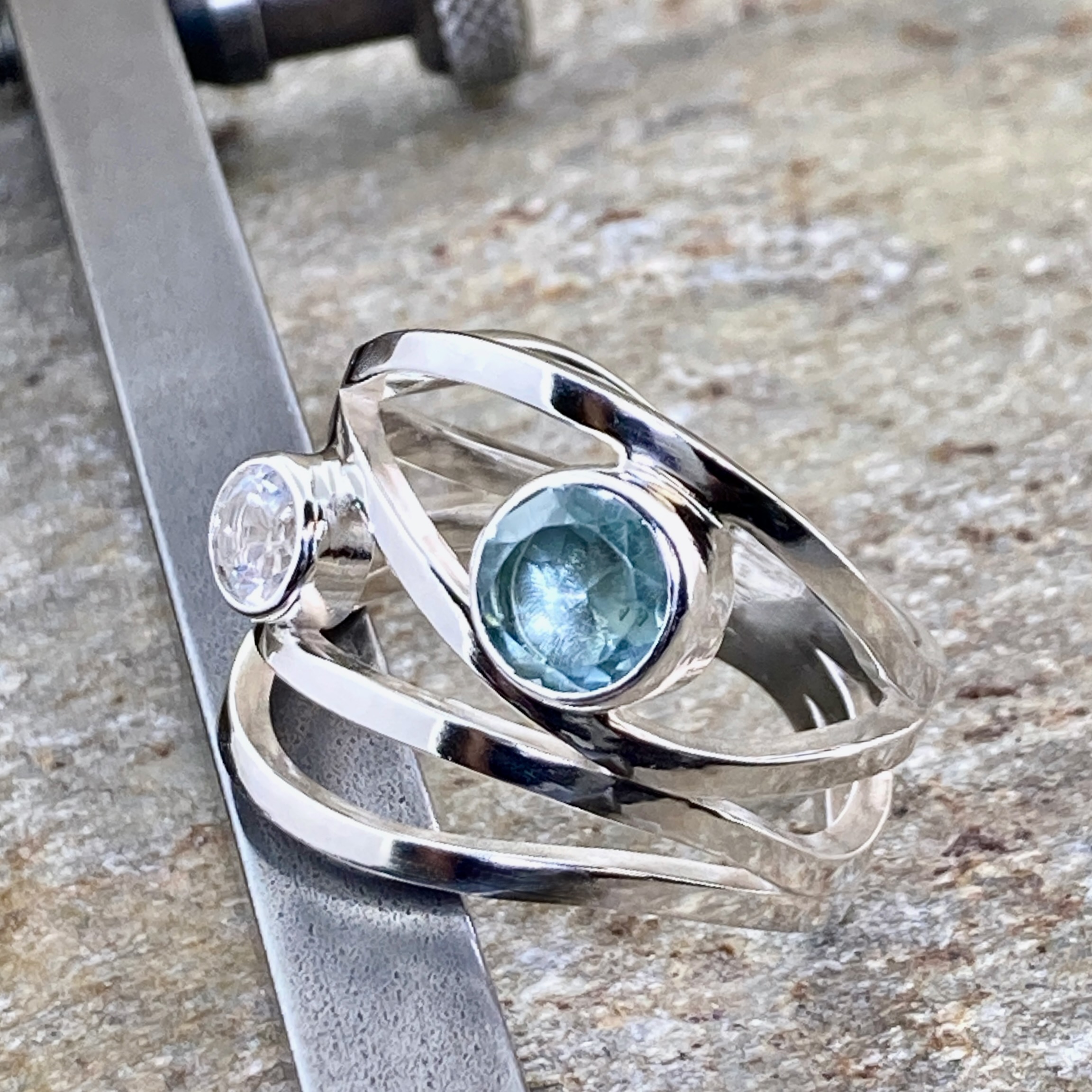 Aquamarine & White Topaz Ring – Size 10.25 – Argentium Silver Wind Band
