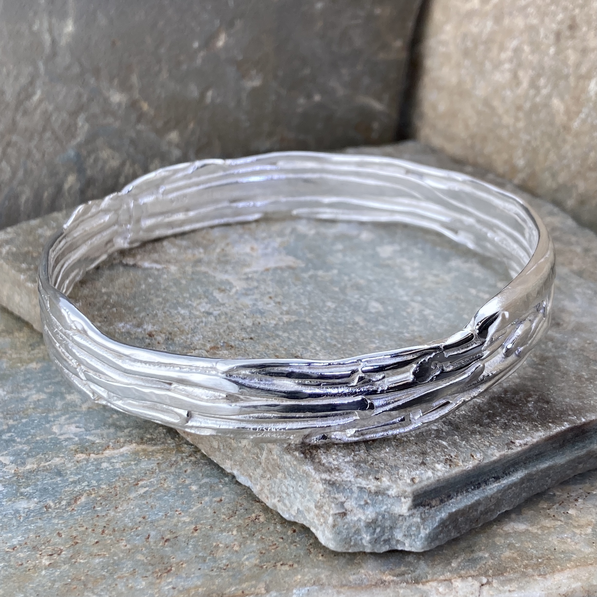 Argentium Silver Bark Bangle – Small - Polished - Image 2