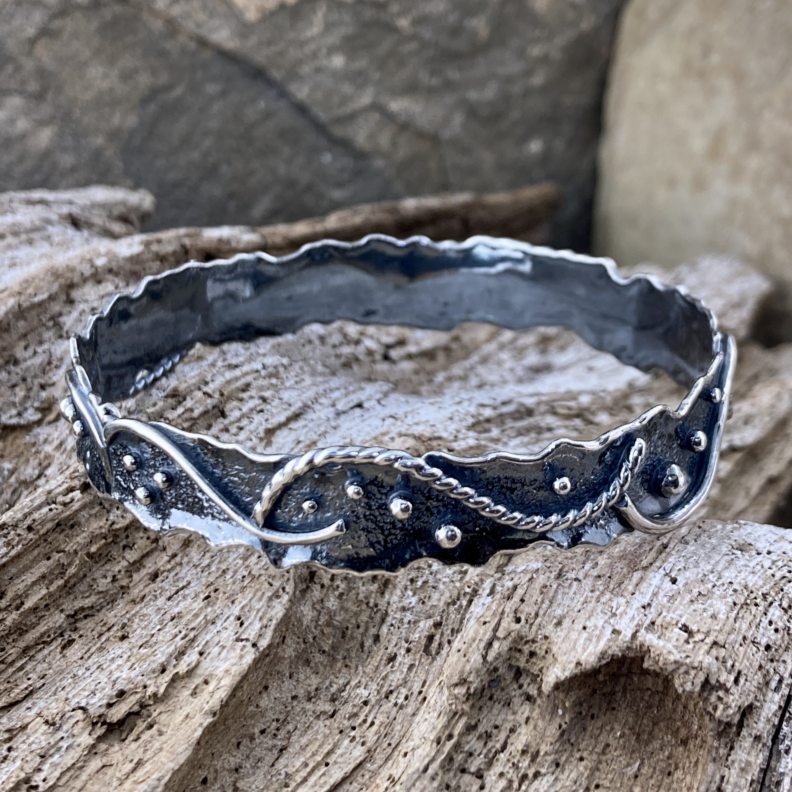 Argentium Silver Waves Bangle – Small – Antique - Image 3