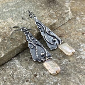 pearl earrings - Argentium silver waves