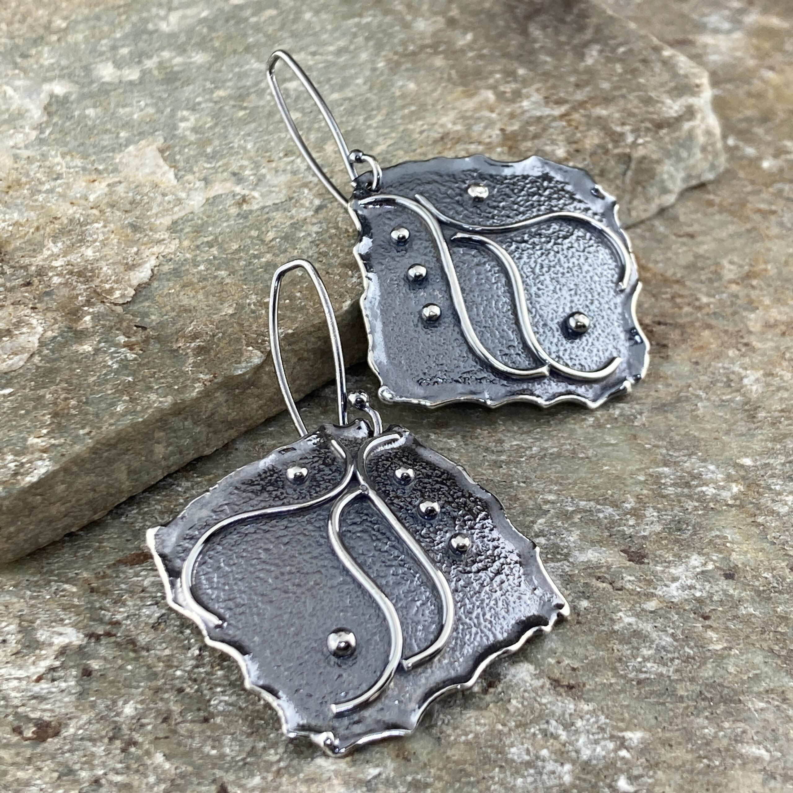 waves earrings - diamond - antique Argentium silver