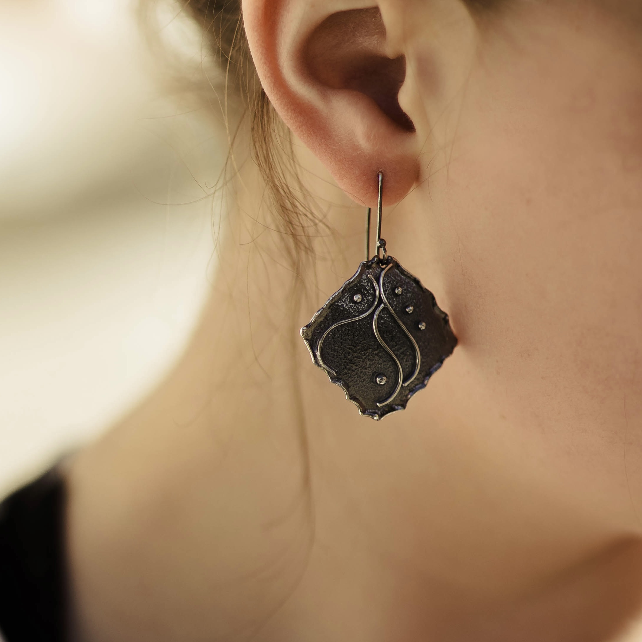 waves earrings - diamond - antique Argentium silver - Image 3