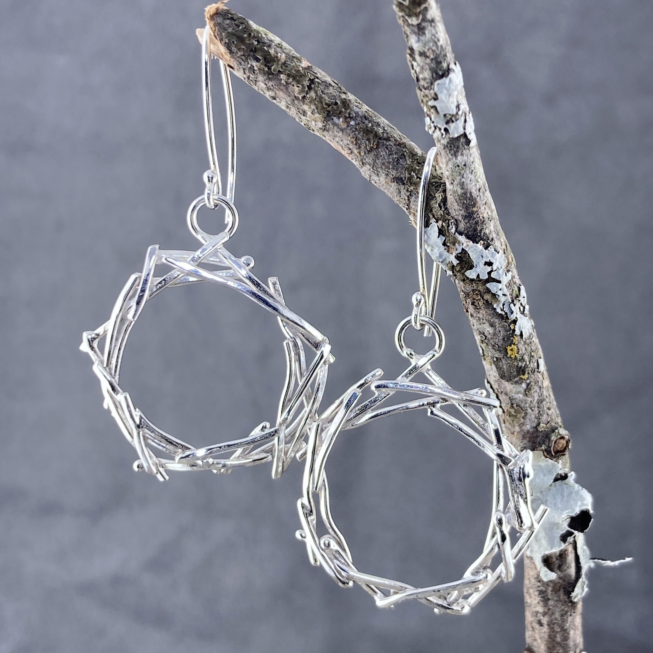 twig earrings - hollow circle - Argentium silver