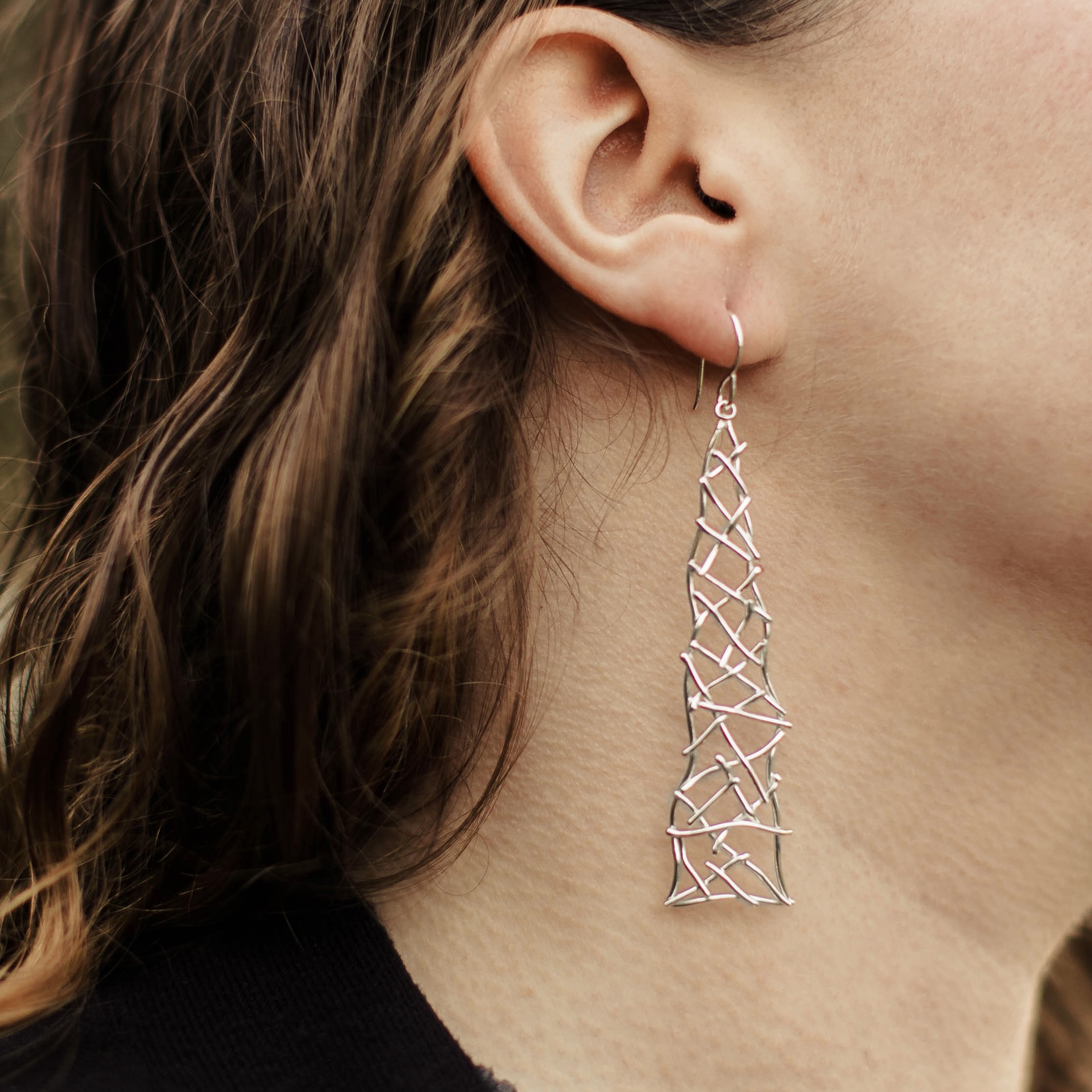 twig earrings - long triangles - Argentium silver - Image 4