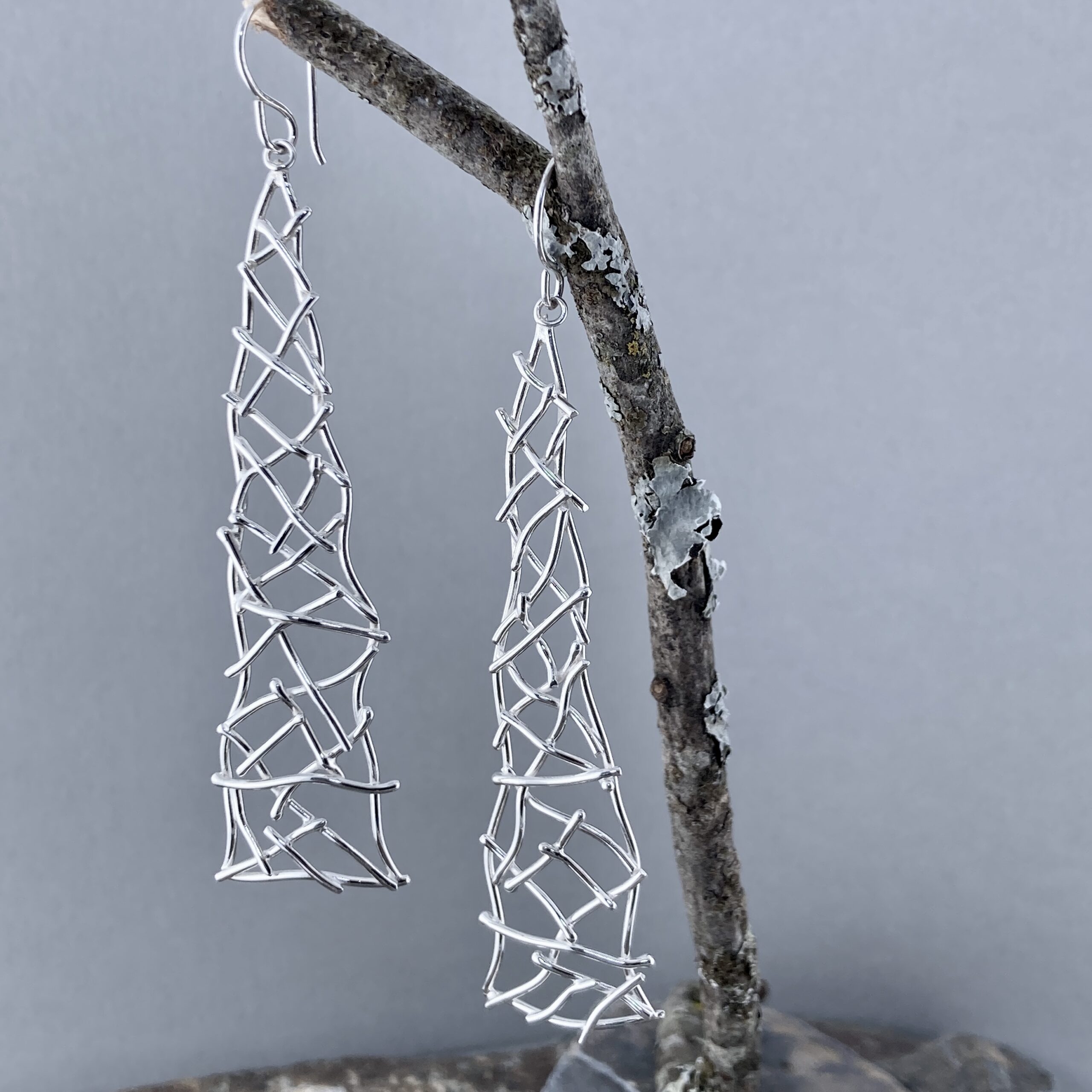 twig earrings - long triangles - Argentium silver - Image 3