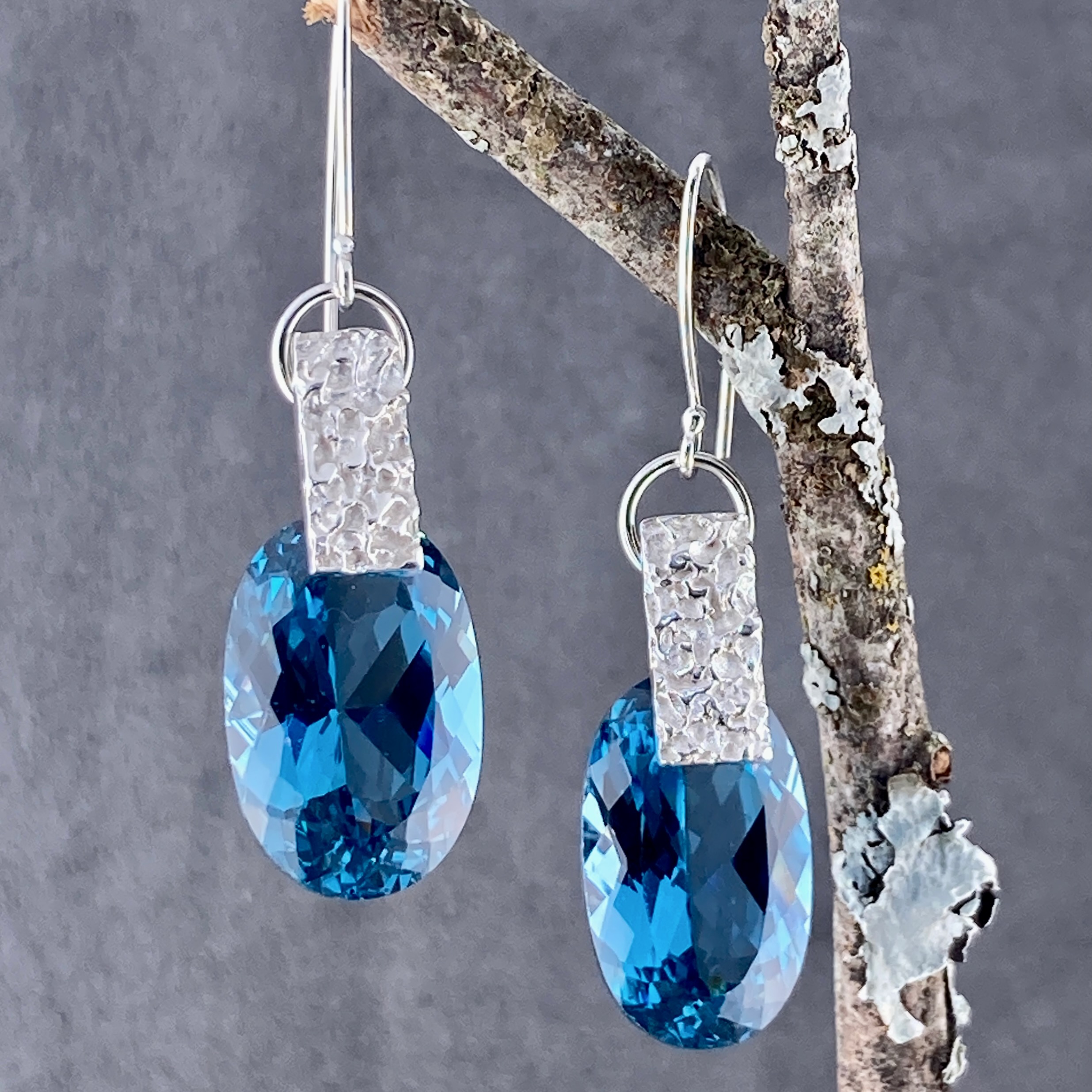 London blue topaz earrings - lunar bar - Argentium silver - 43.8 carat