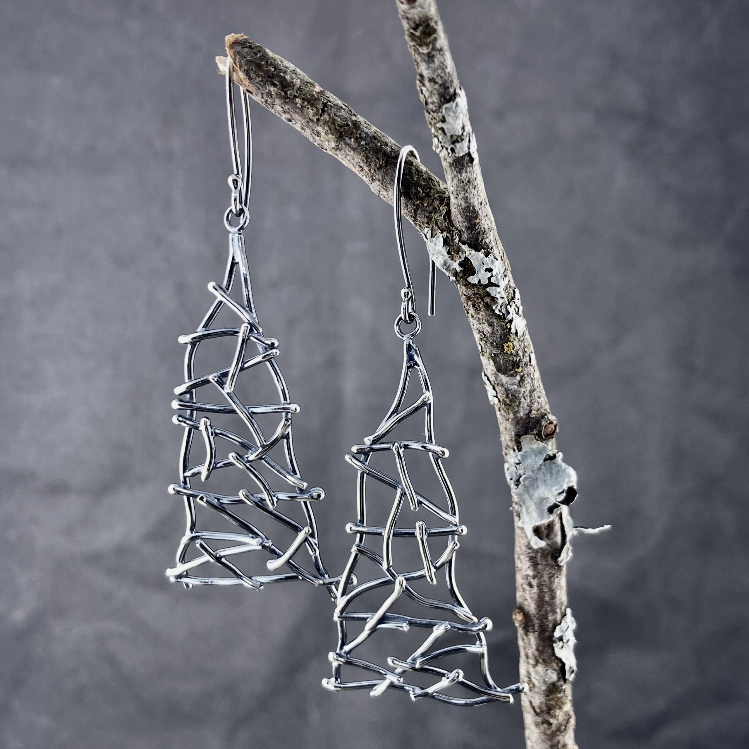 twig earrings - long triangle - antique Argentium silver