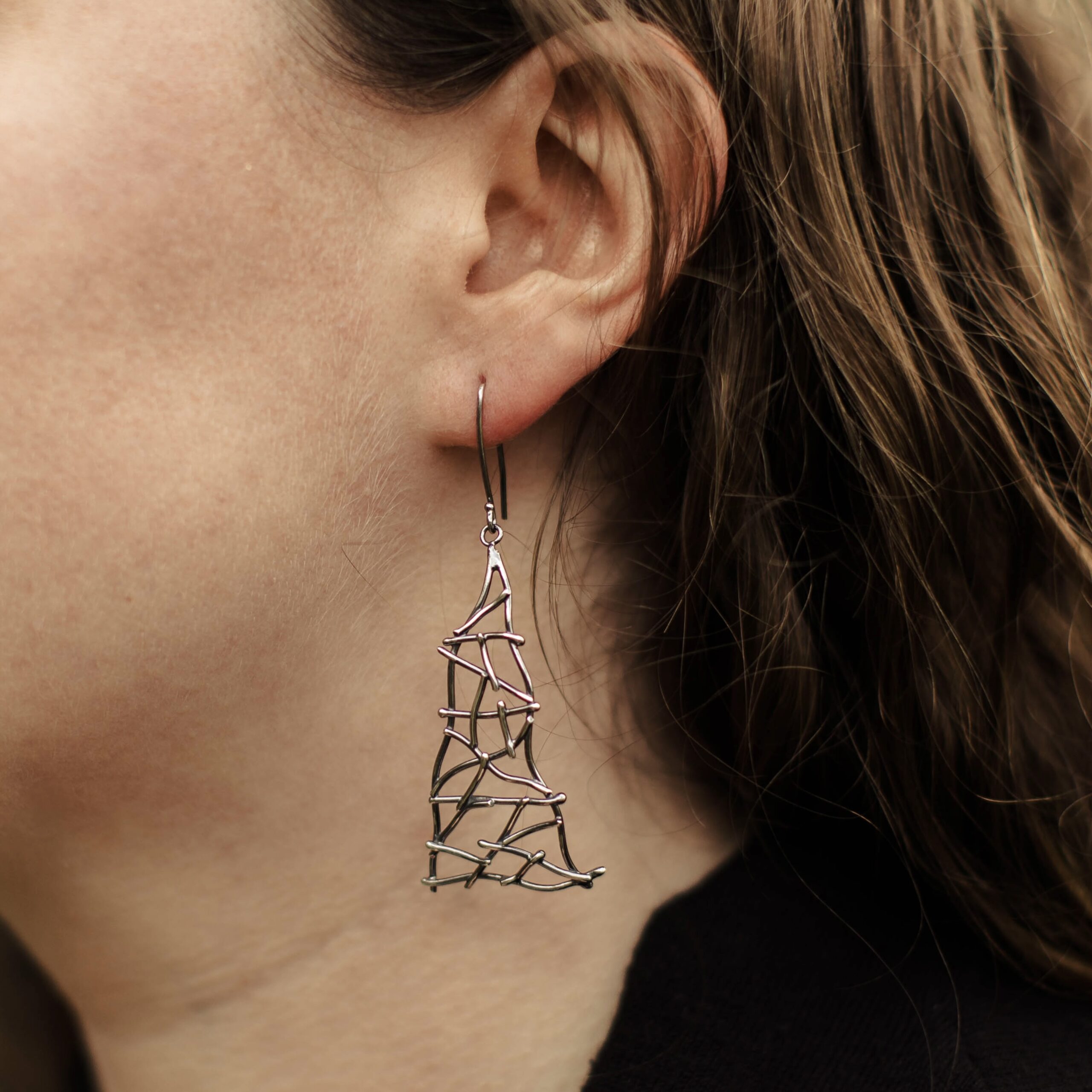 twig earrings - long triangle - antique Argentium silver - Image 3