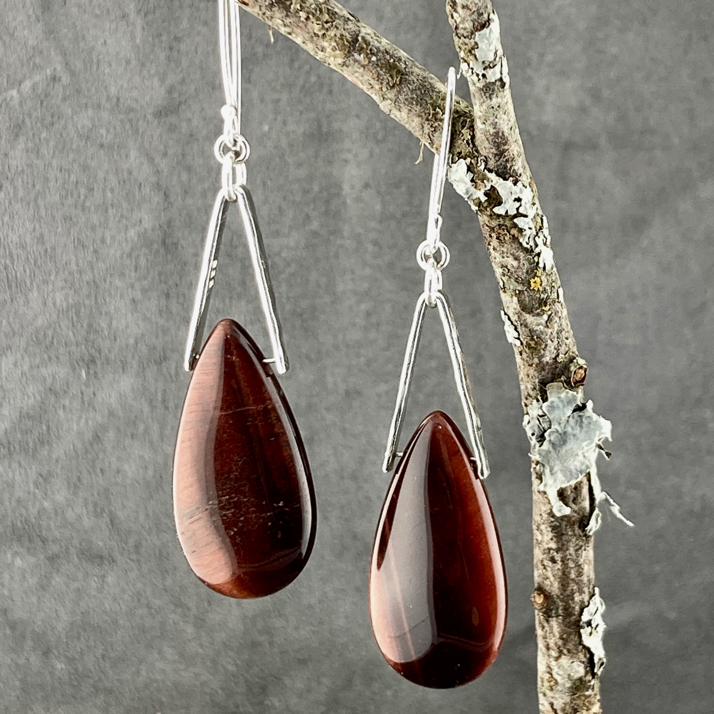 red tiger eye earrings - V bail - Argentium silver - long