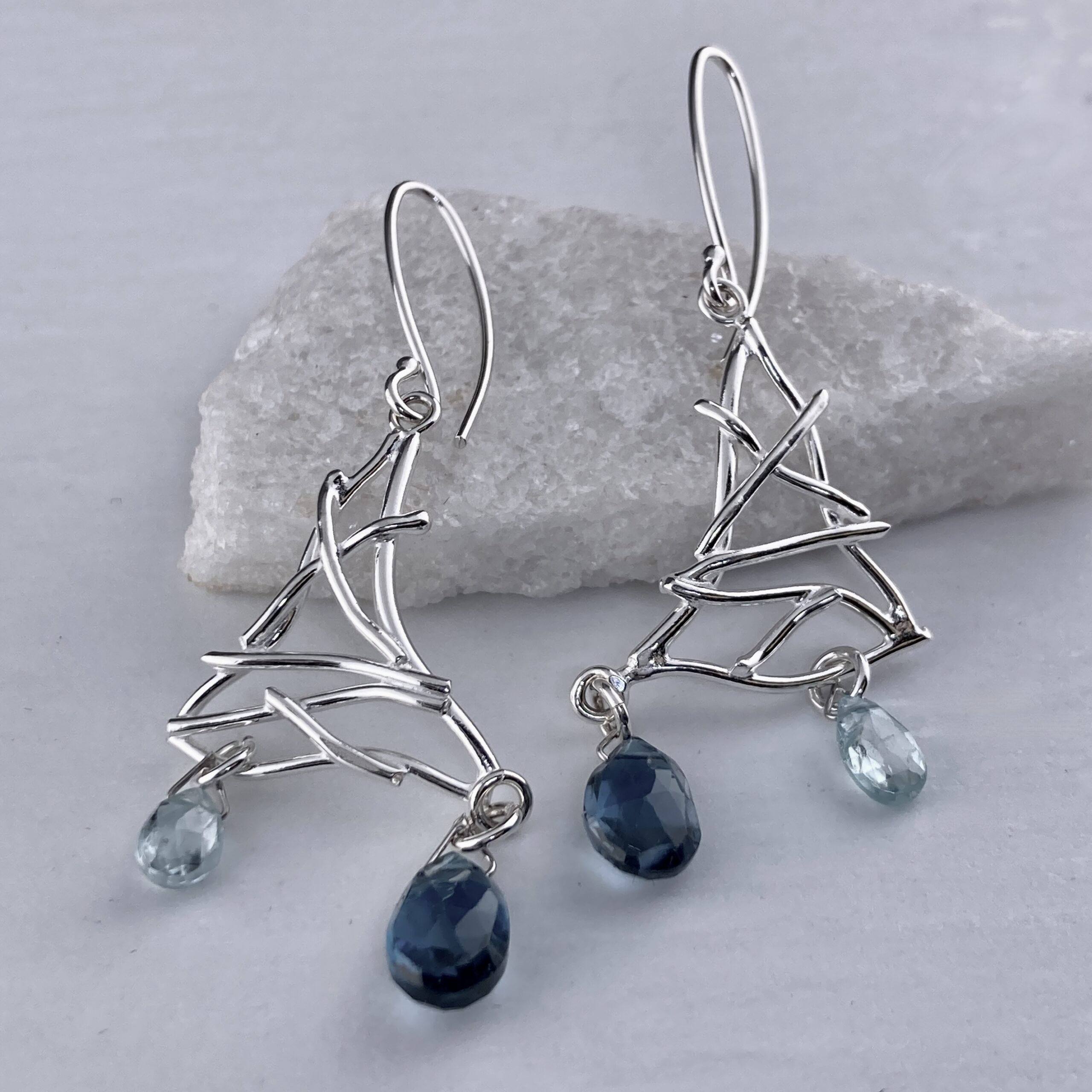 London, Swiss blue topaz earrings - twigs - Argentium silver - Image 3