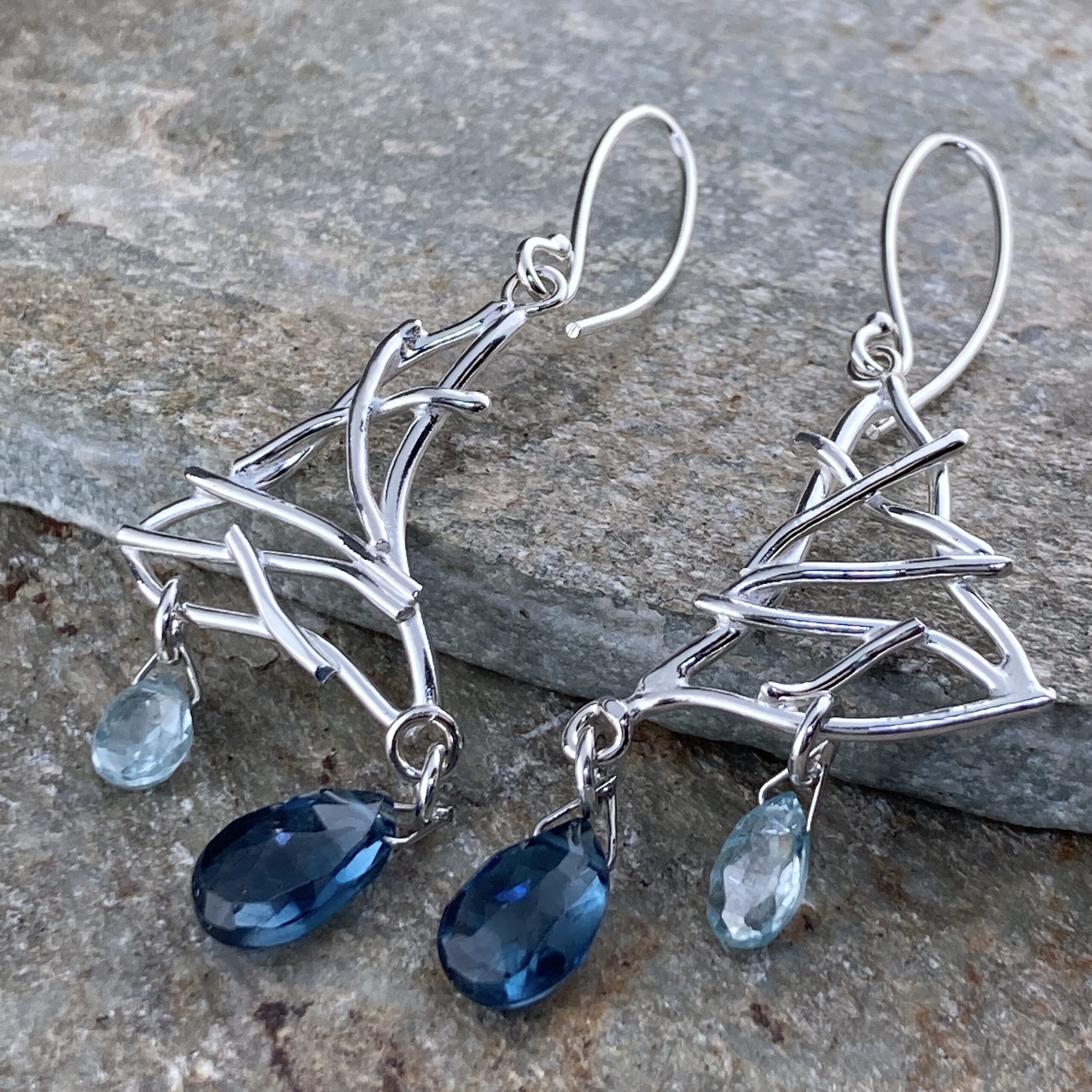 London, Swiss blue topaz earrings - twigs - Argentium silver