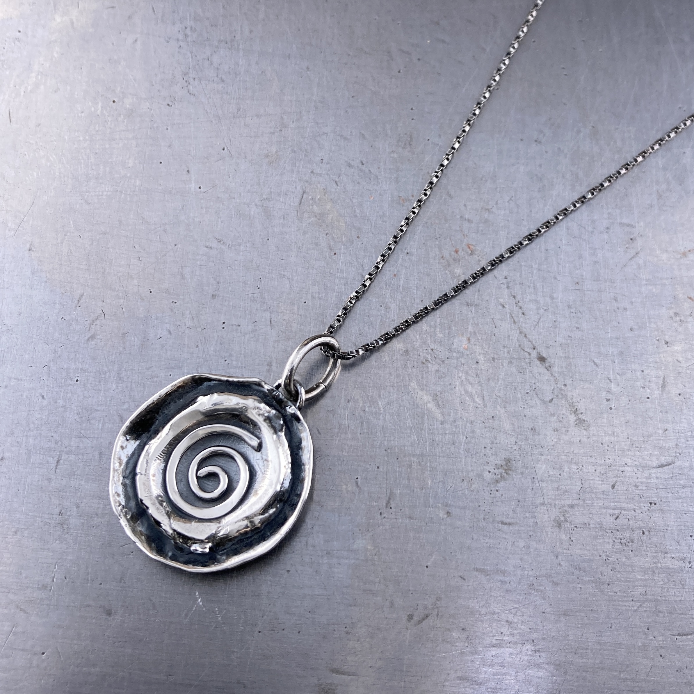 spiral pendant - Argentium silver wax seal - antique