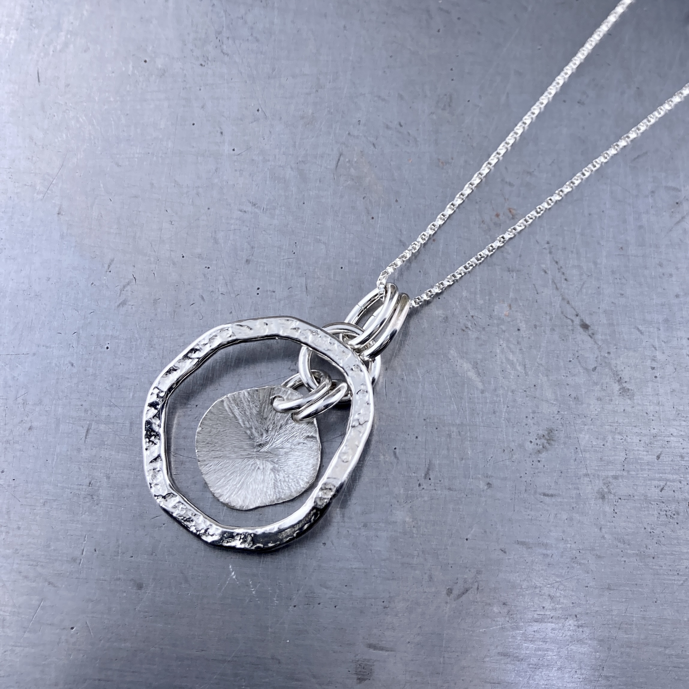 Freeform Circle Pendant – Argentium Silver – Sun Accent – Small