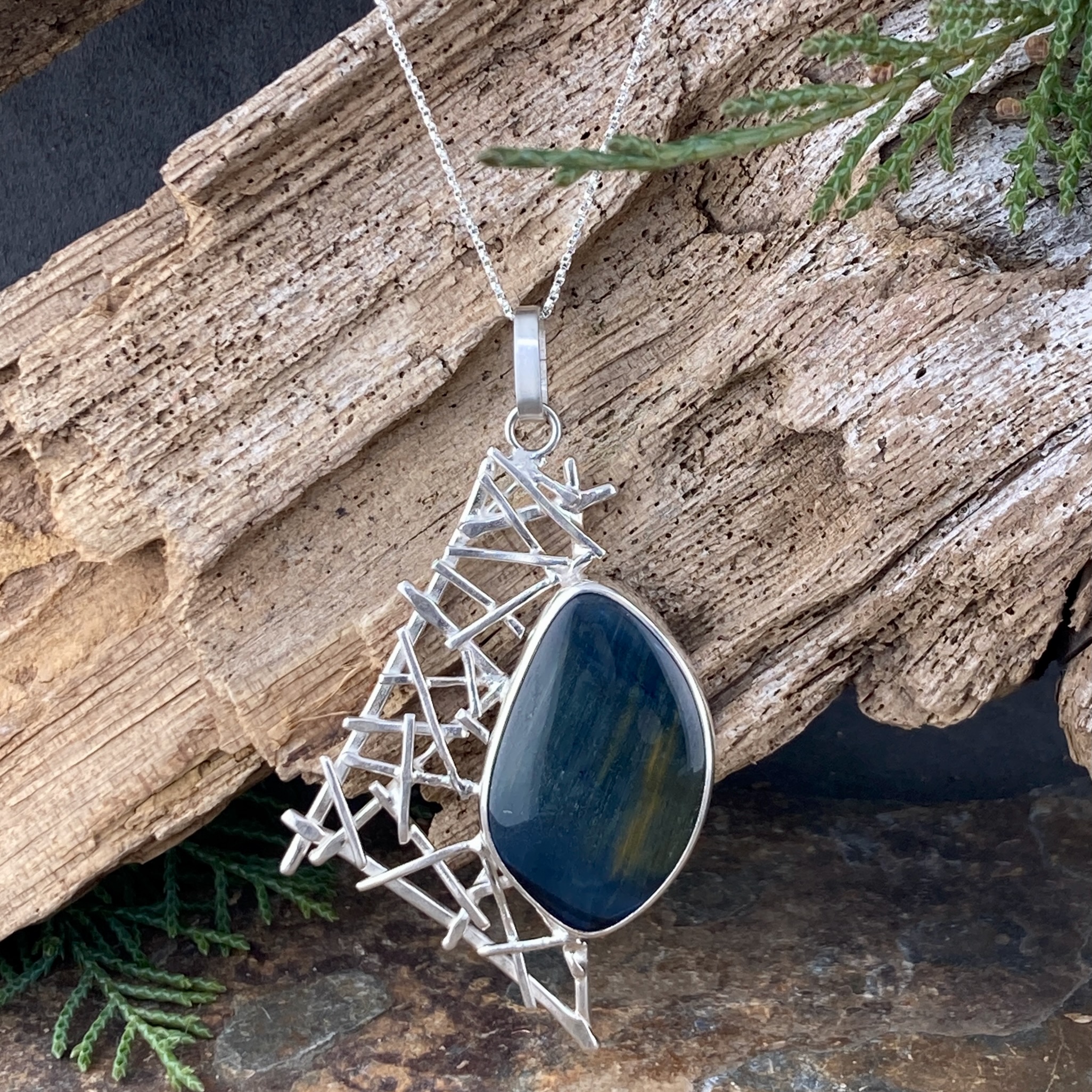 hawks eye pendant - Argentium silver twigs