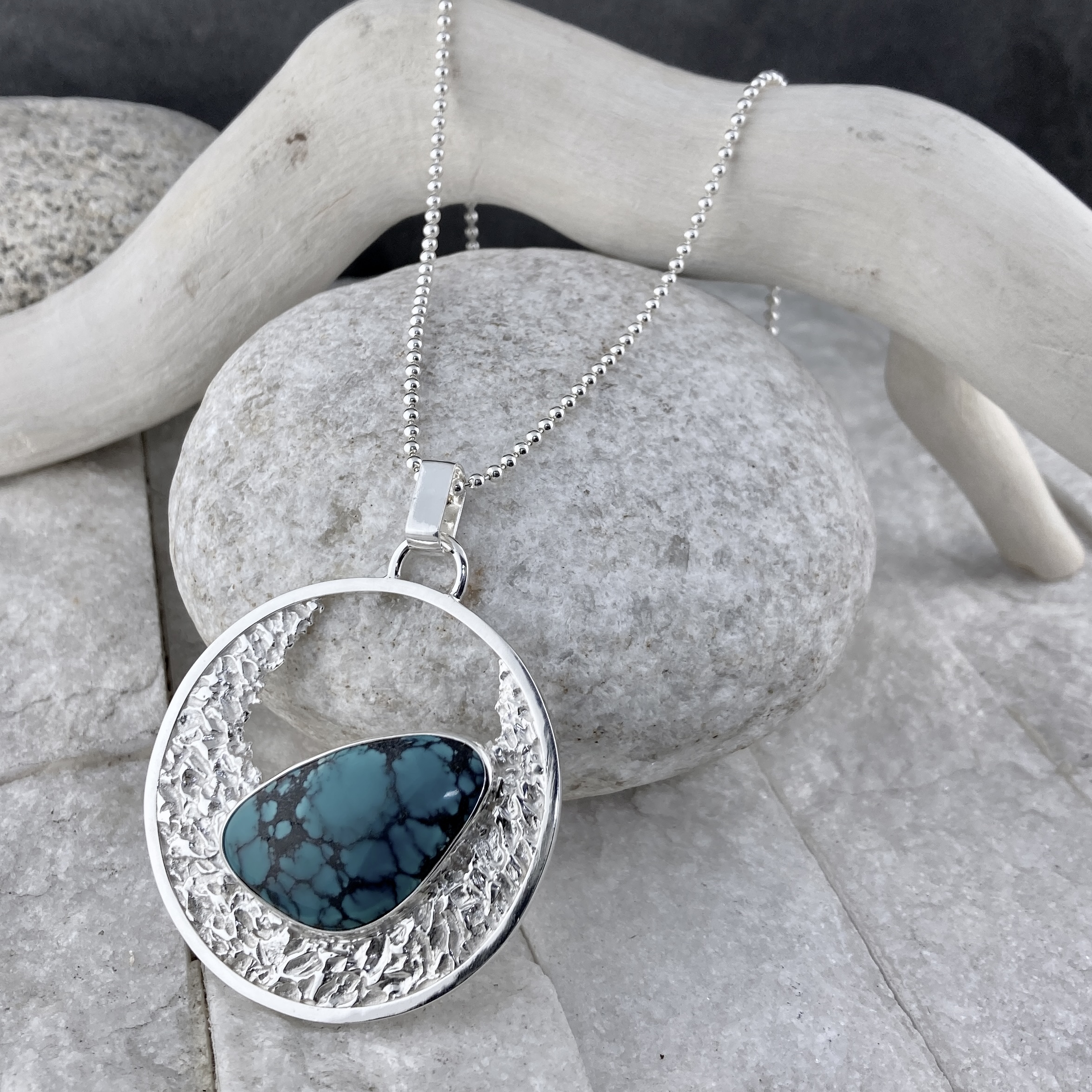 turquoise pendant - Argentium silver full moon - Image 3