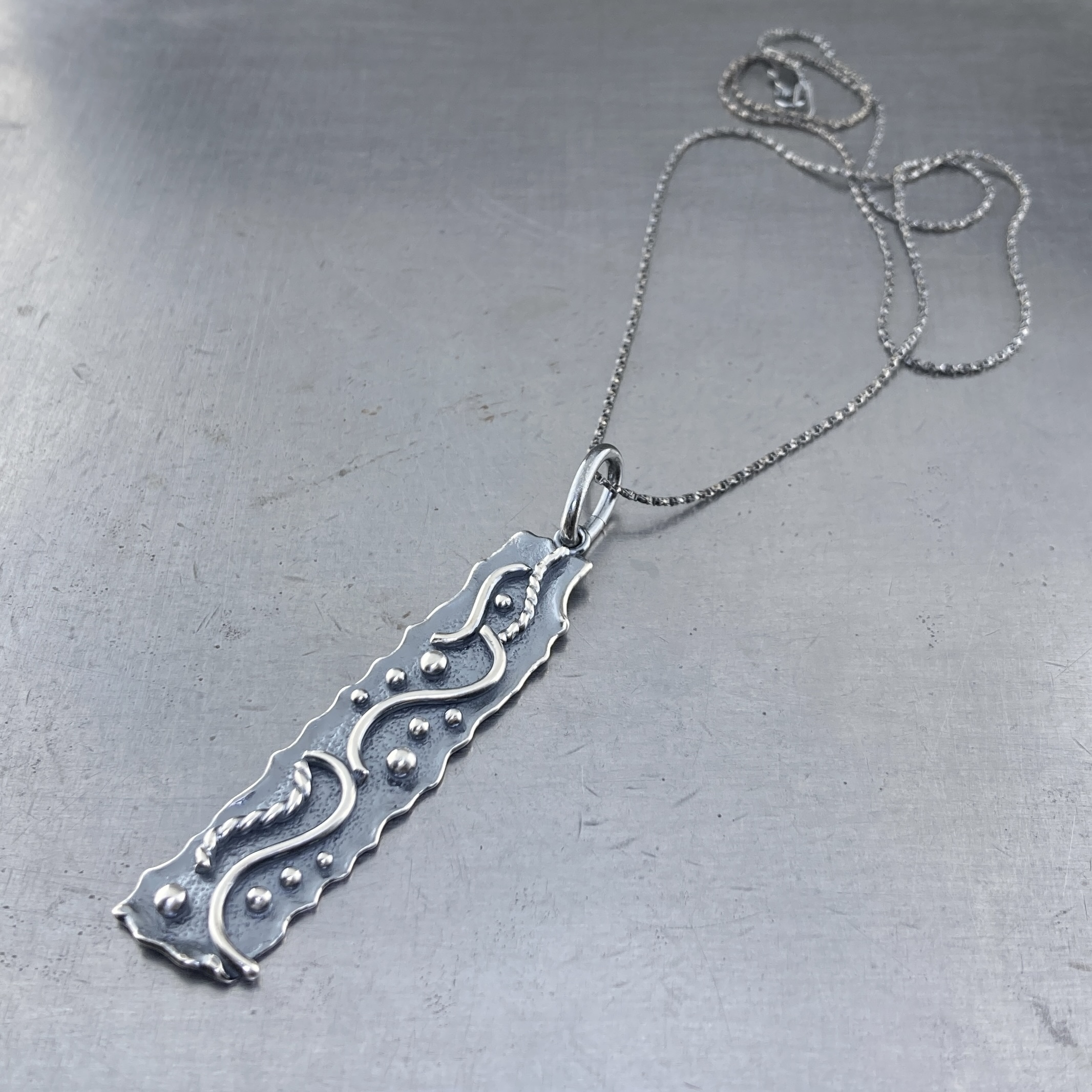 waves pendant - Argentium silver - long rectangle