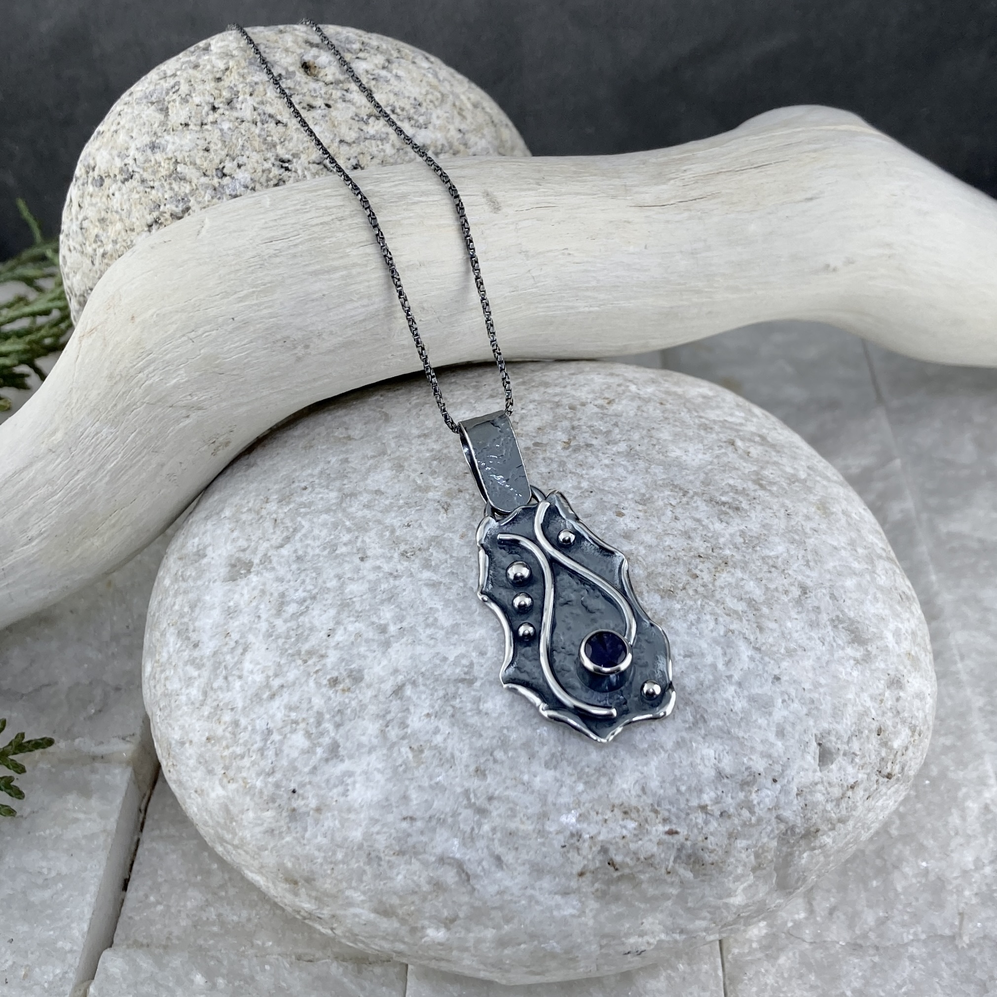 iolite pendant - Argentium silver waves - .75 carat - Image 2