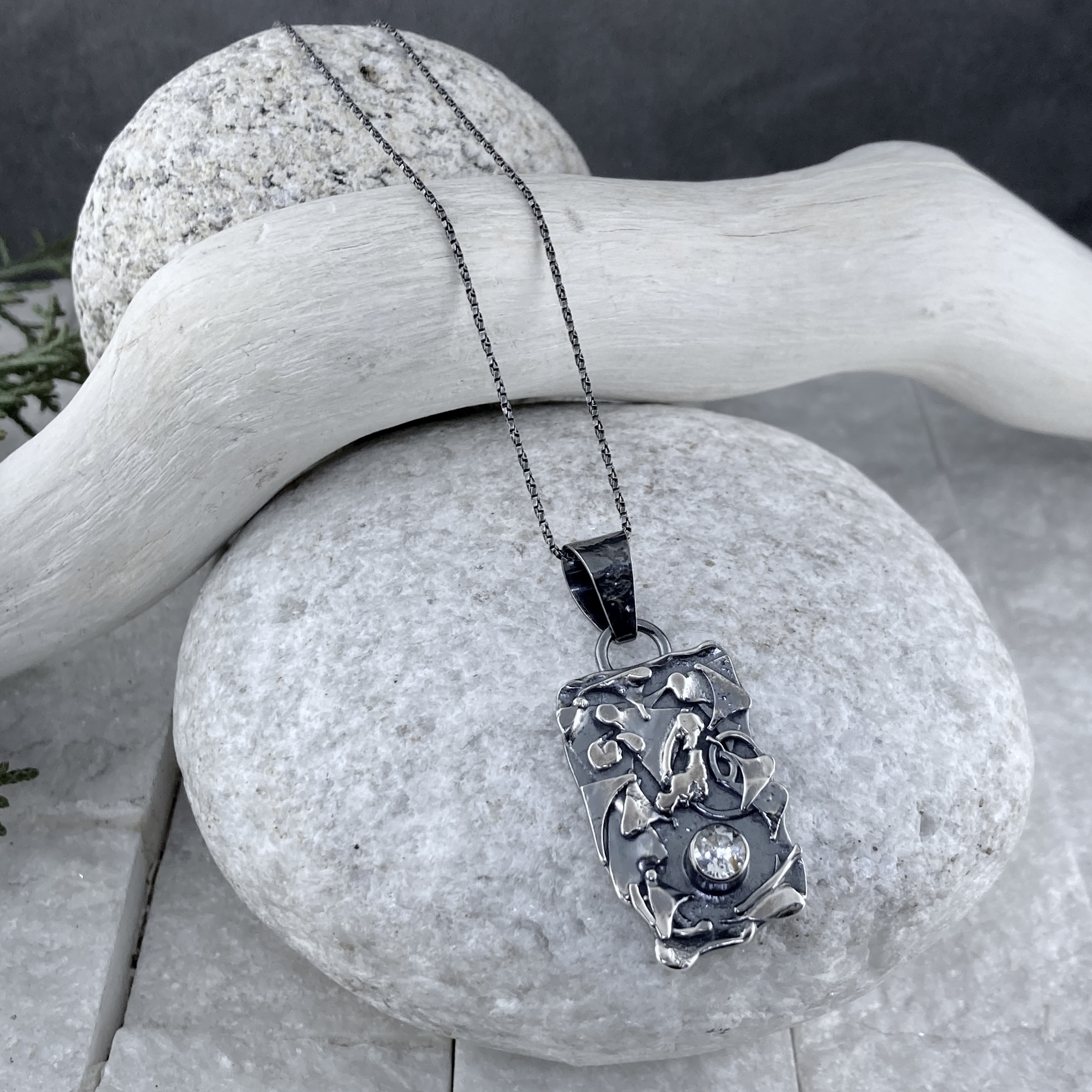 white topaz pendant - antique Argentium silver rapids - .75 carat