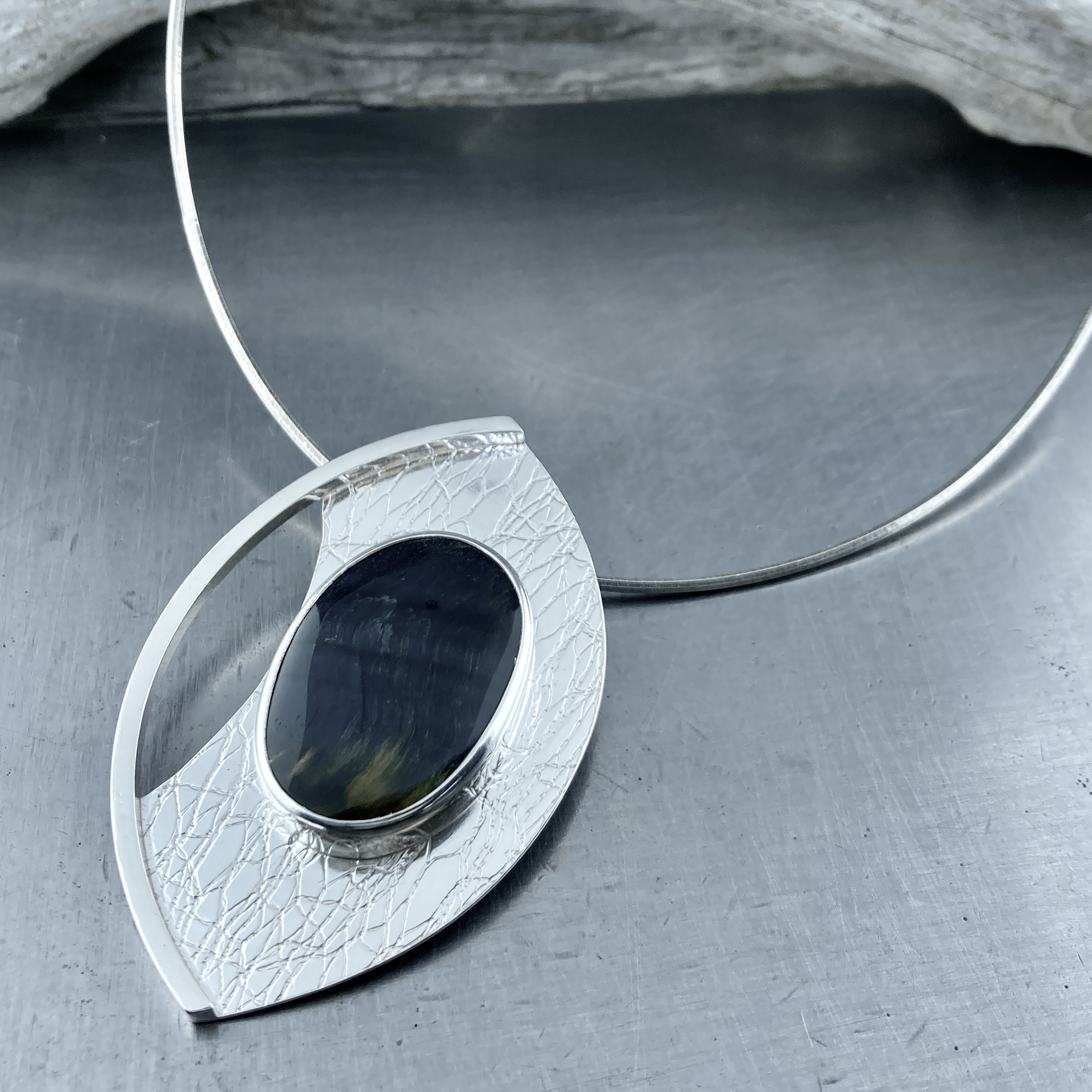 hawks eye pendant - Argentium silver marquise - Image 2