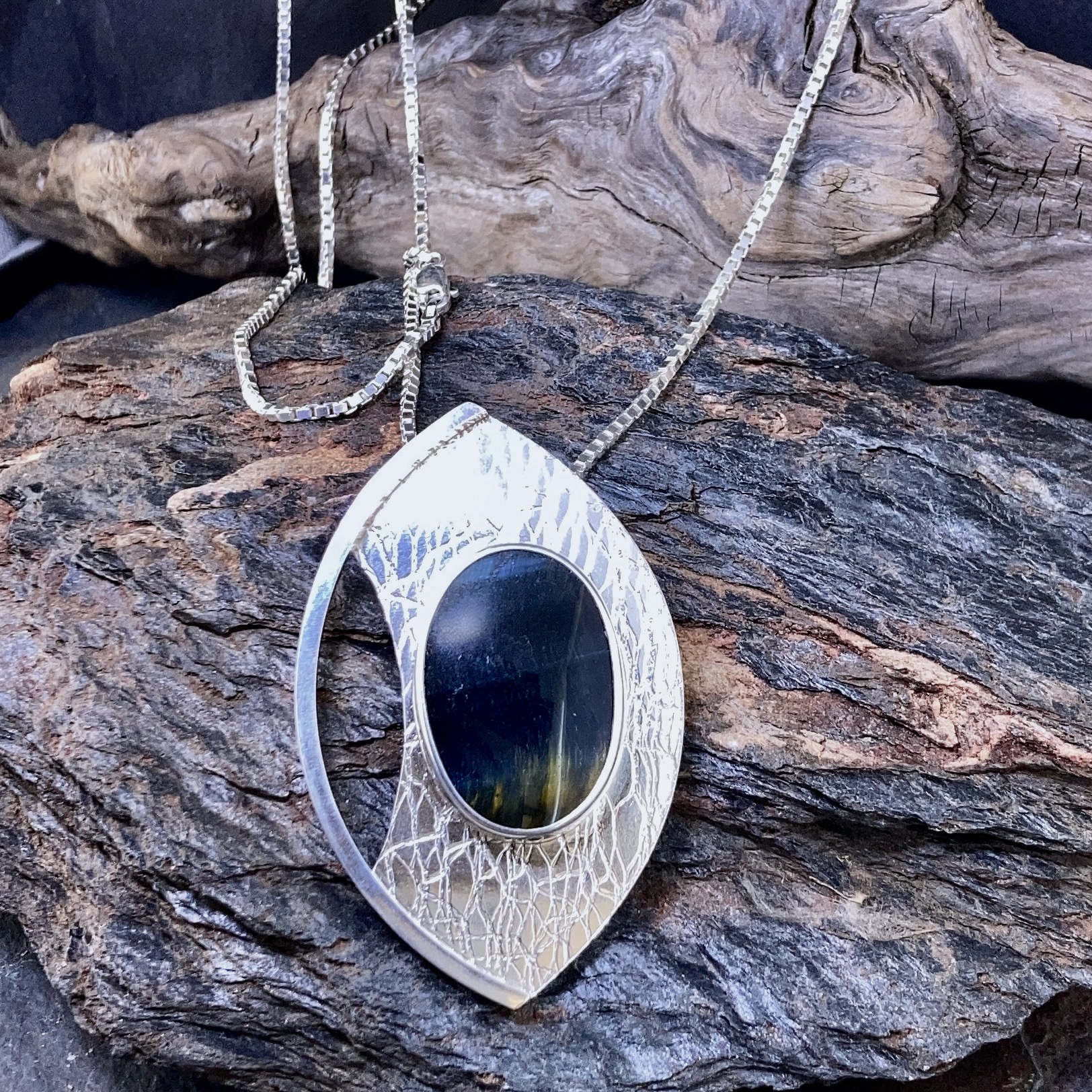 hawks eye pendant - Argentium silver marquise