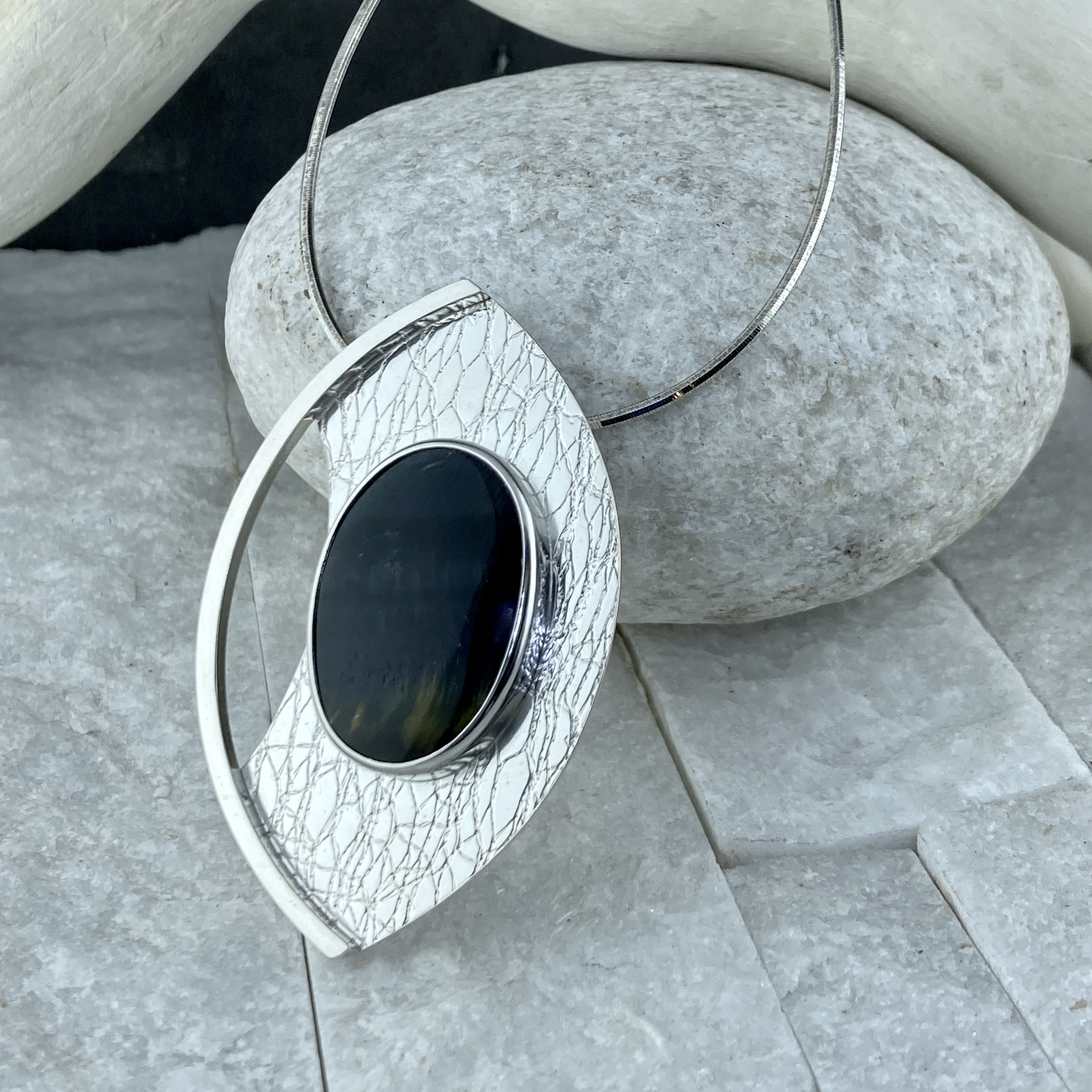 hawks eye pendant - Argentium silver marquise - Image 5