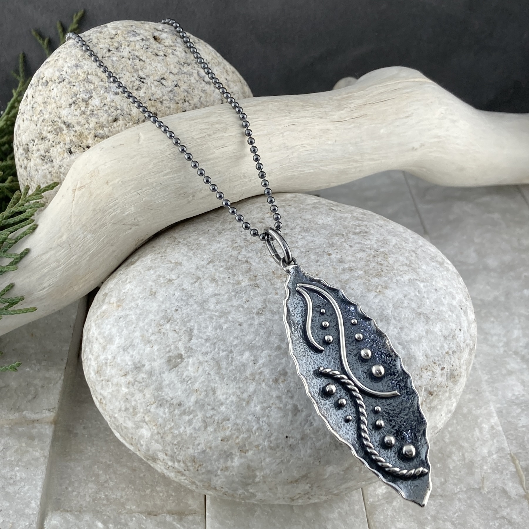 waves pendant - Argentium silver - marquise