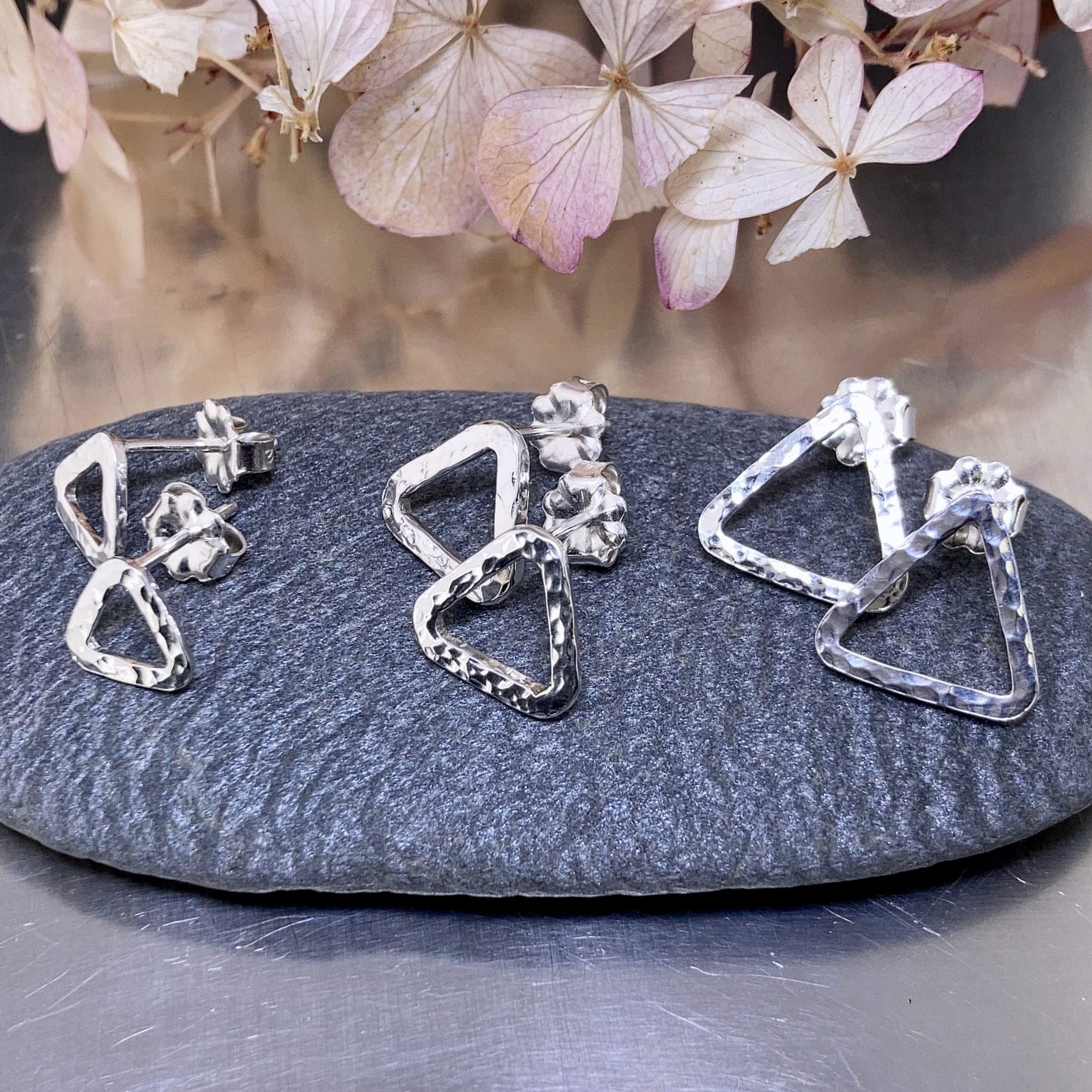 triangle post earrings - hammered wire - Argentium silver