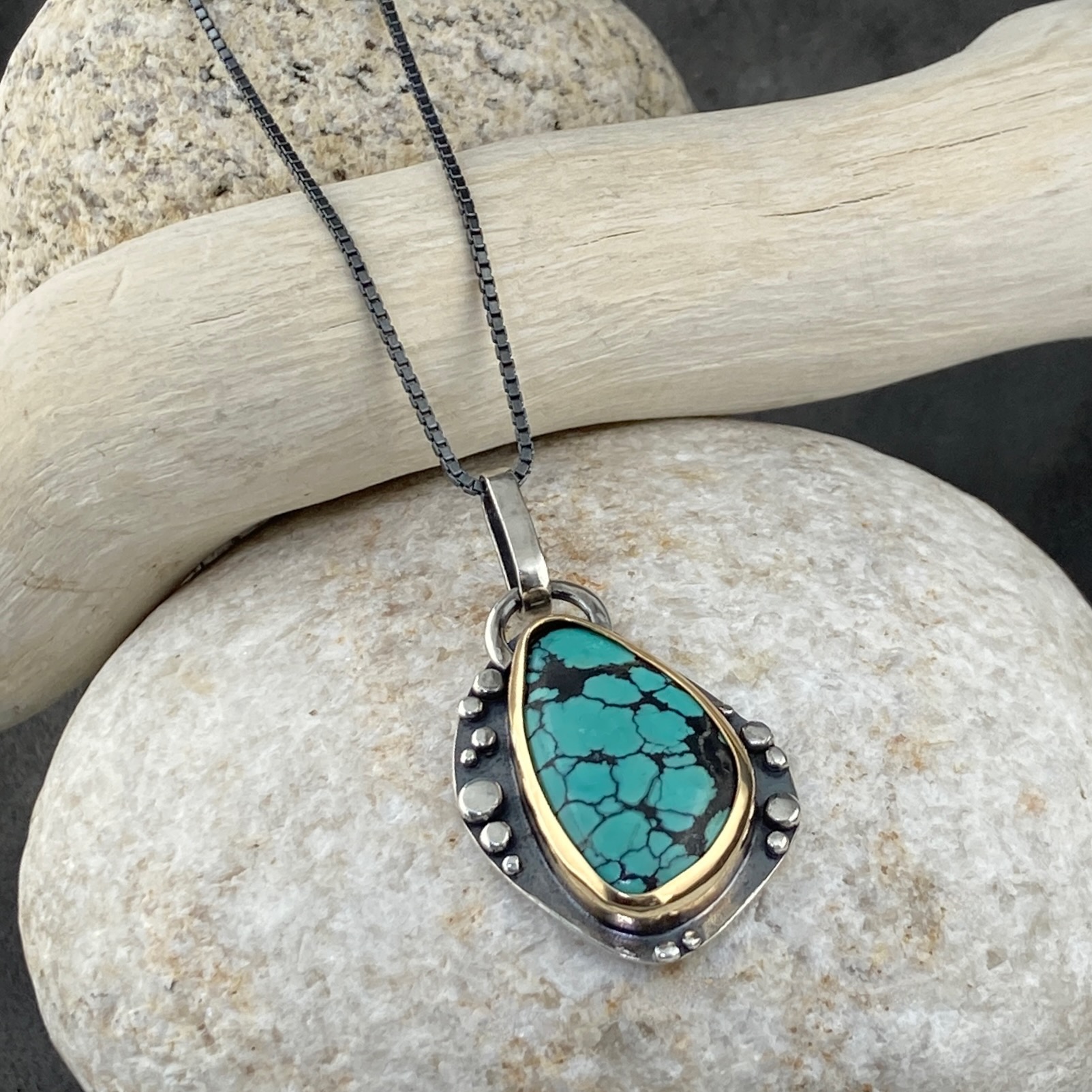 turquoise pendant - brass, Argentium silver - granules - antique finish
