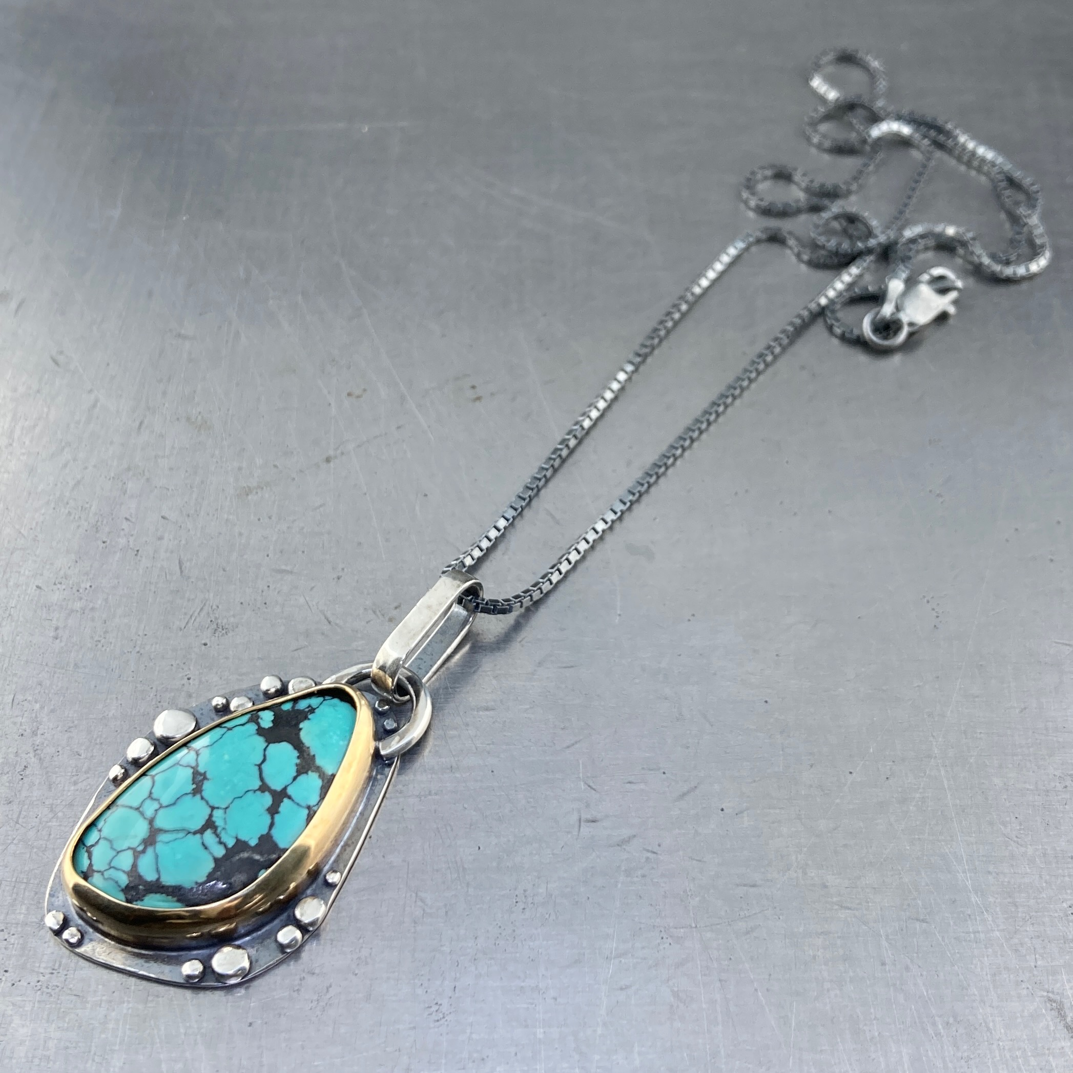 turquoise pendant - brass, Argentium silver - granules - antique finish - Image 2