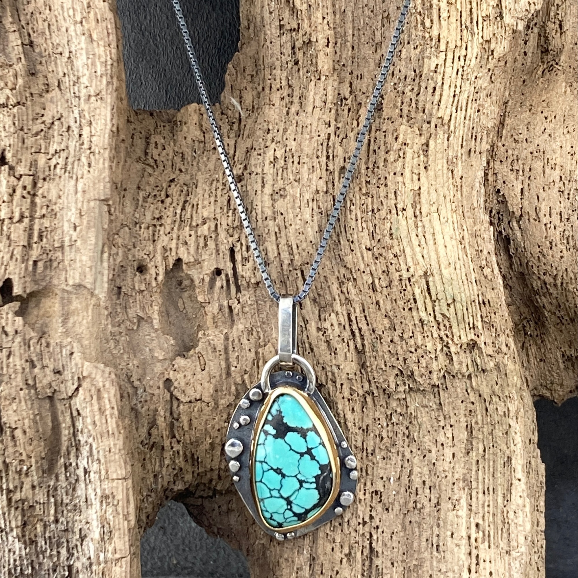 turquoise pendant - brass, Argentium silver - granules - antique finish - Image 3