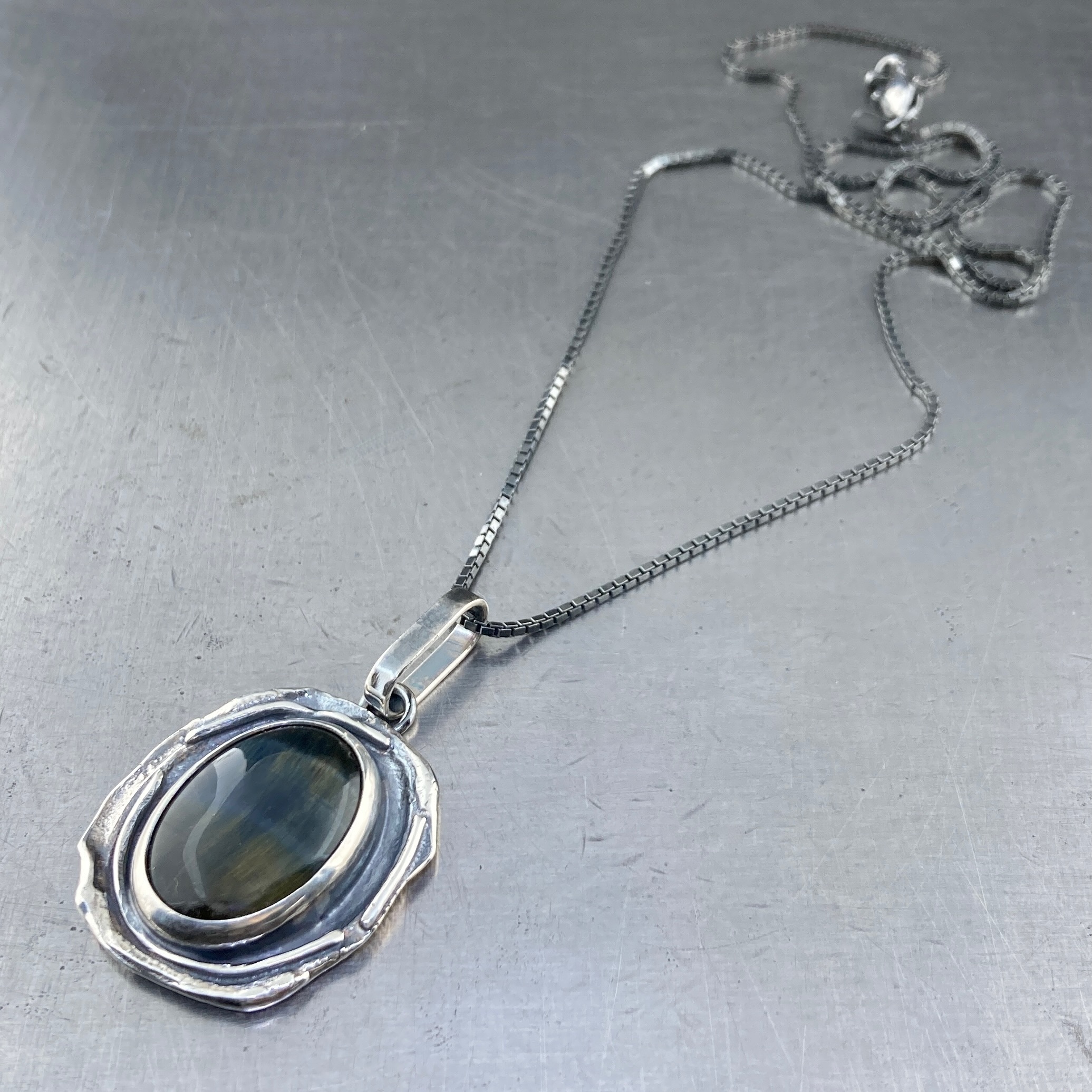 hawk's eye pendant - Argentium silver wax seal - antique