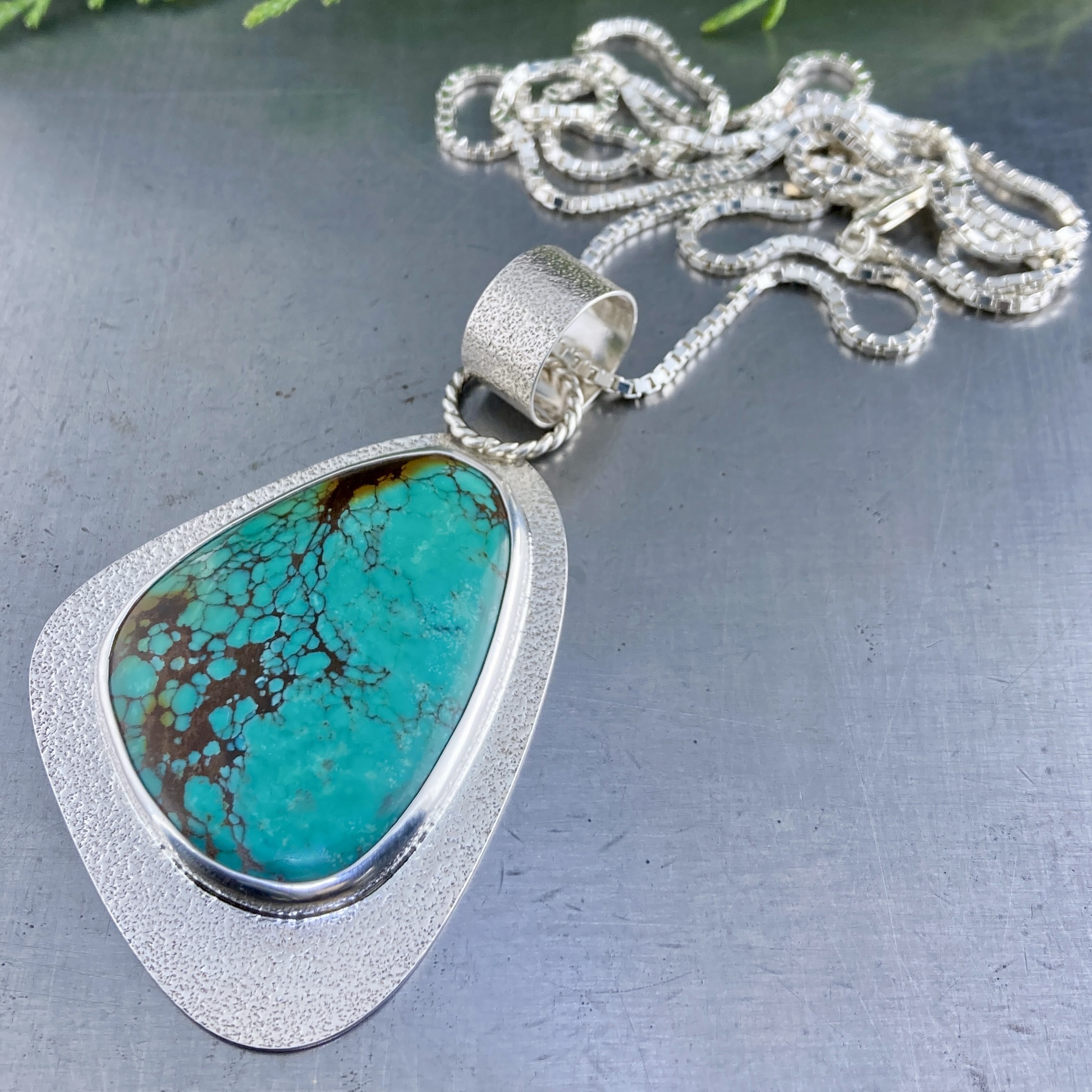 turquoise pendant - freeform - Argentium silver