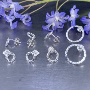 Hollow full Moon earrings - hammered post - Argentium silver