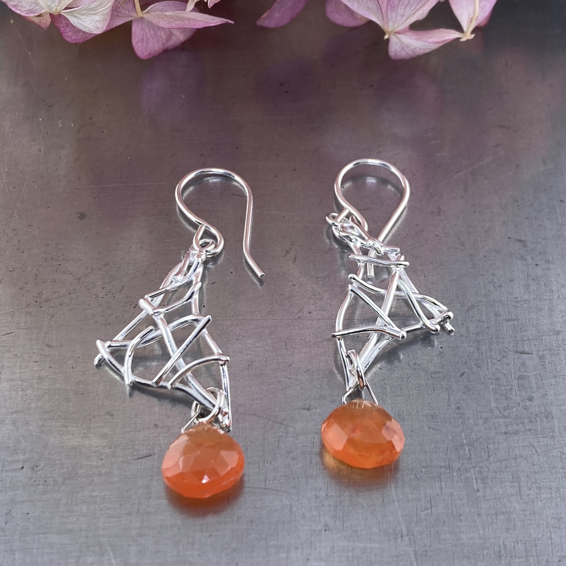 carnelian earrings - twigs - Argentium silver