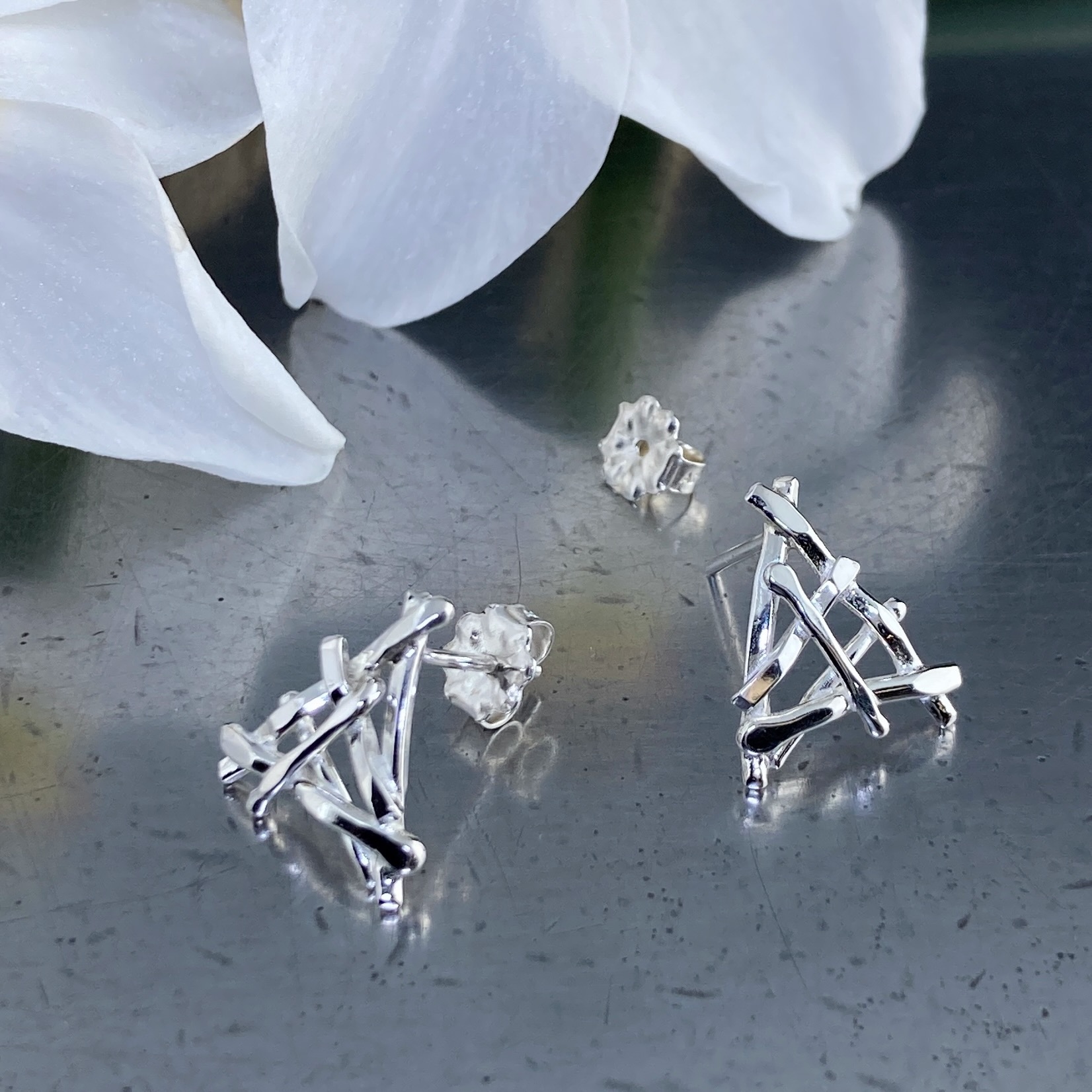 twig earrings - triangle post - Argentium silver - Image 3