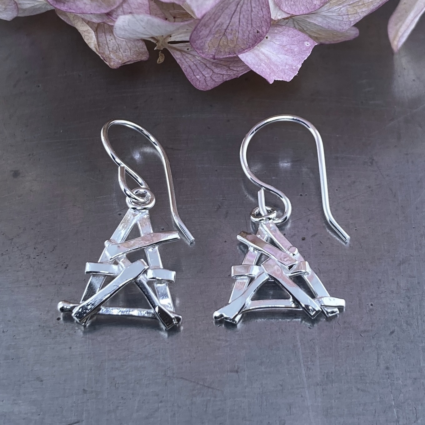 twig earrings - triangle - Argentium silver