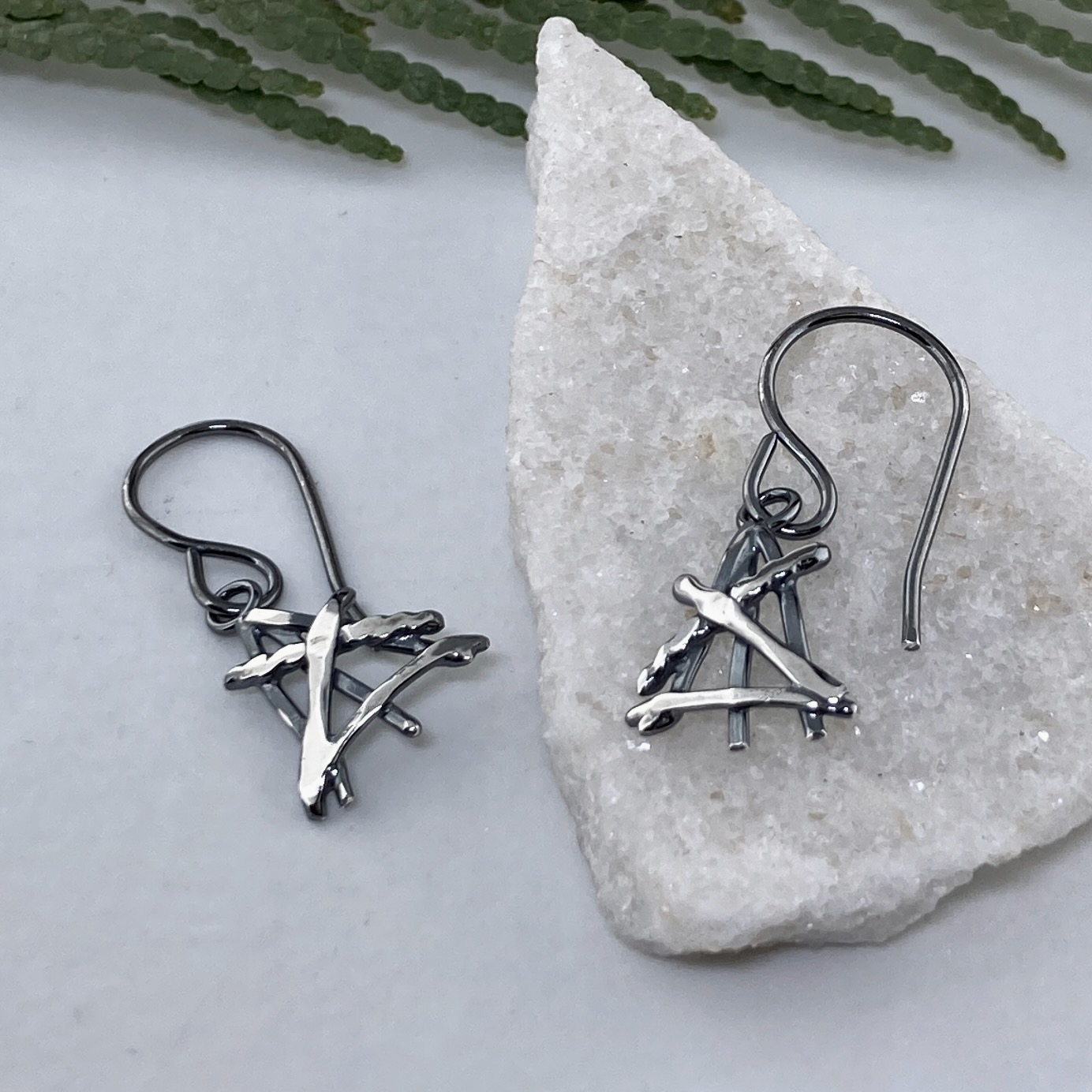 twig earrings - triangle - antique Argentium silver - Image 3