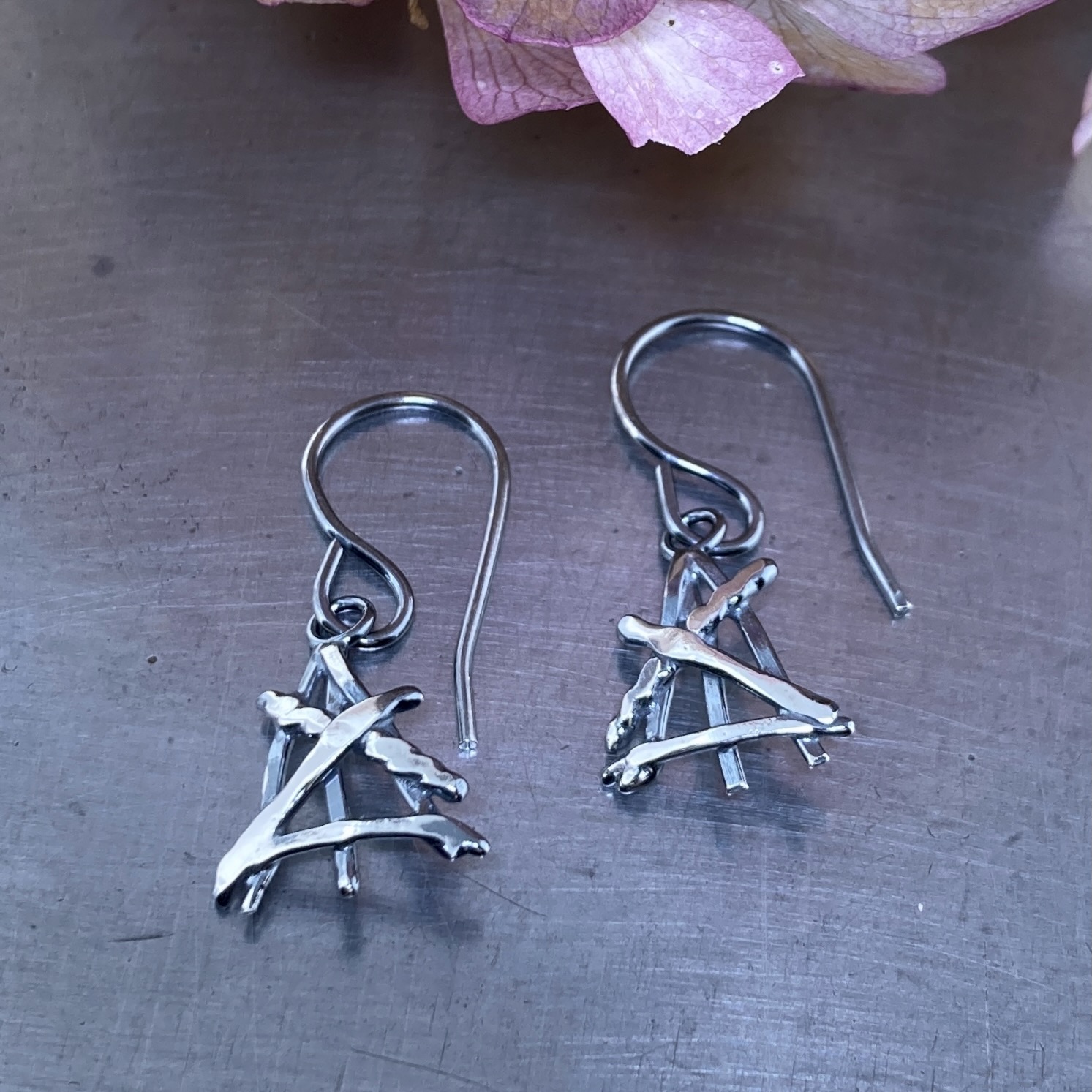 twig earrings - triangle - antique Argentium silver