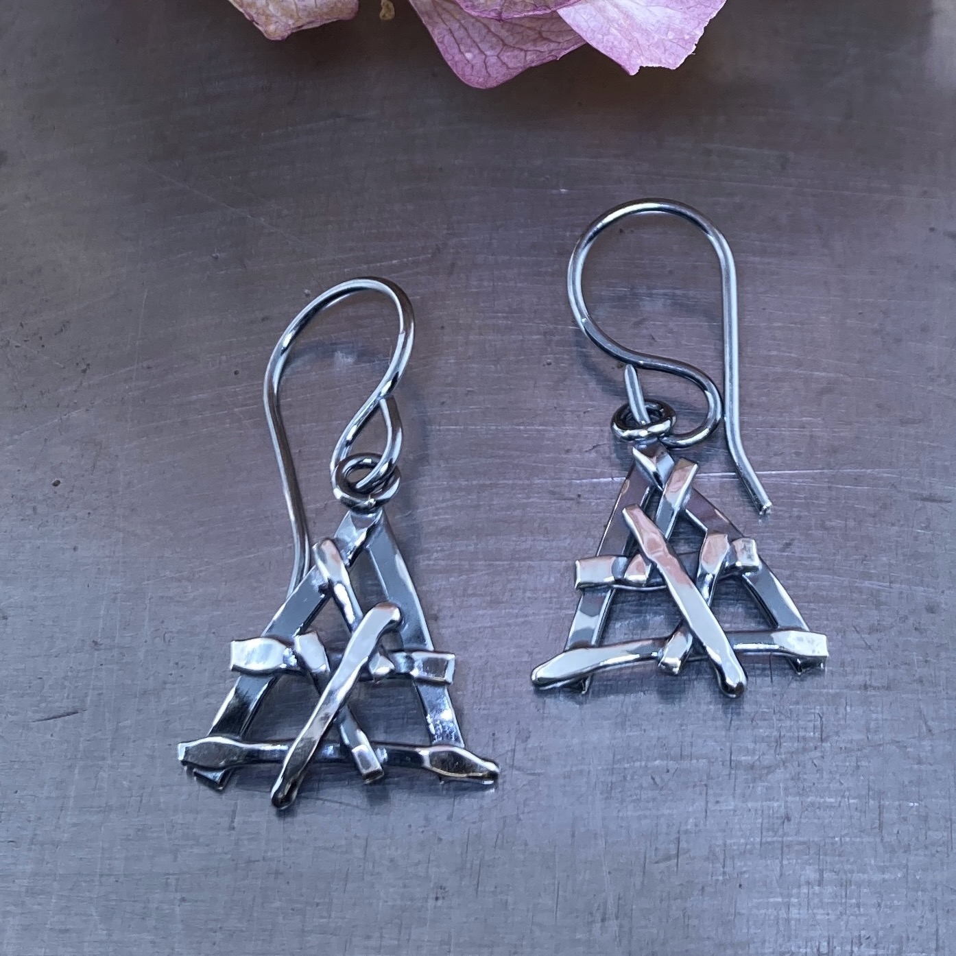 twig earrings - triangle - antique Argentium silver