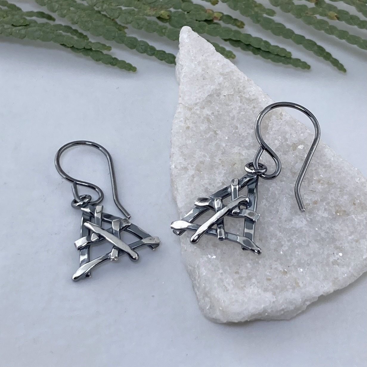 twig earrings - triangle - antique Argentium silver - Image 3