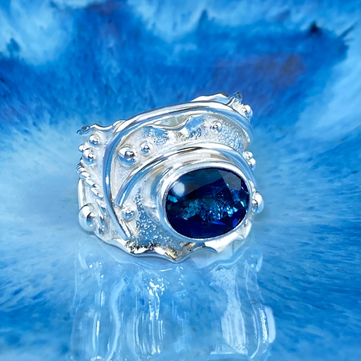 London Blue Topaz Ring – Size 10 – Argentium Silver Waves – 4 Carat