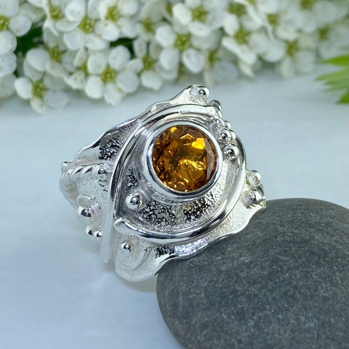 citrine ring - size 8.75 - Argentium silver waves - 2.25 carat