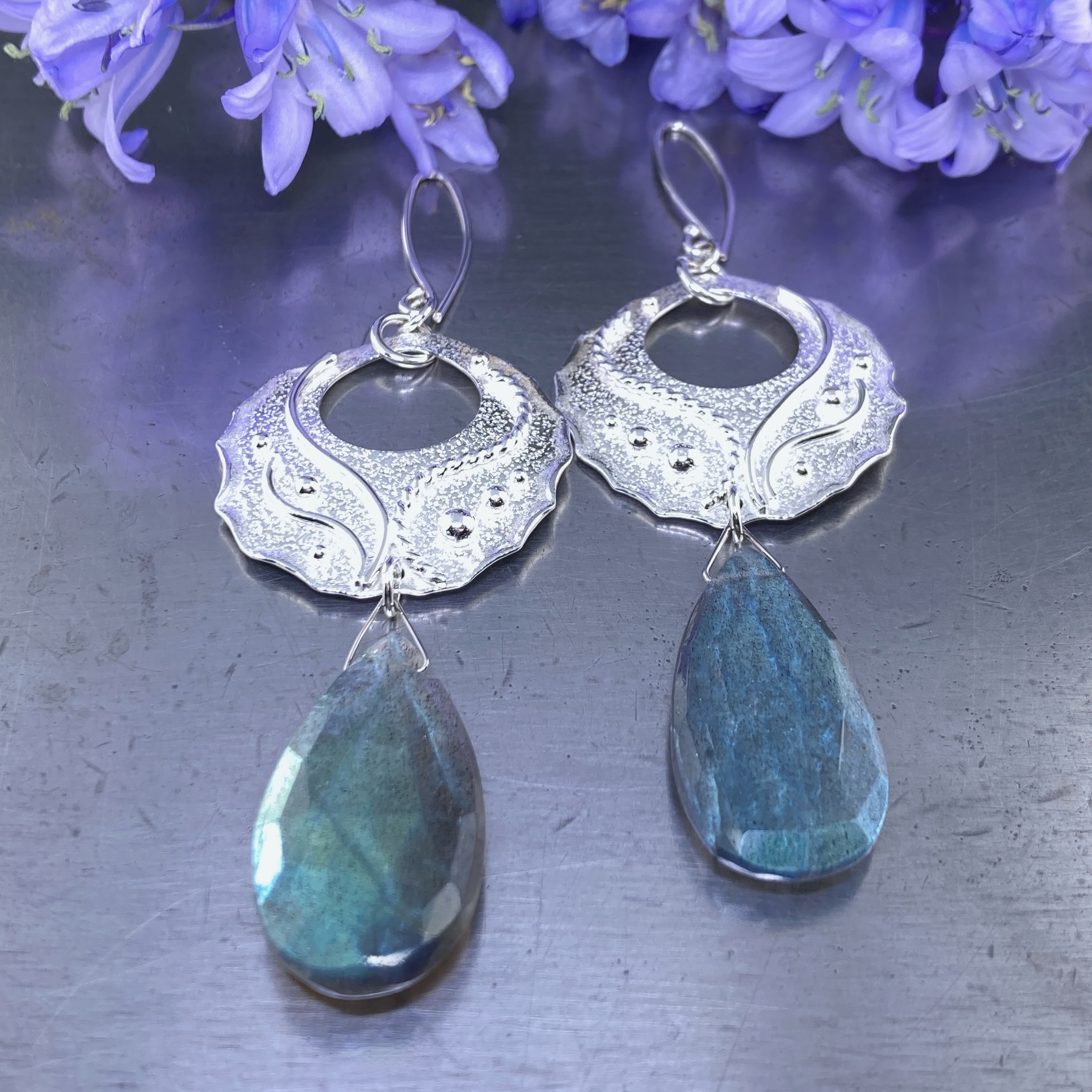 Labradorite earrings - hollow circle waves - Argentium silver