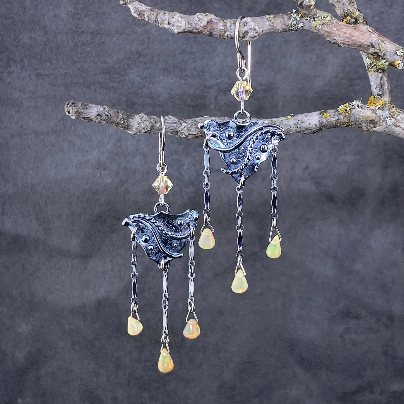 opal earrings - chandelier - antique Argentium silver - Image 3