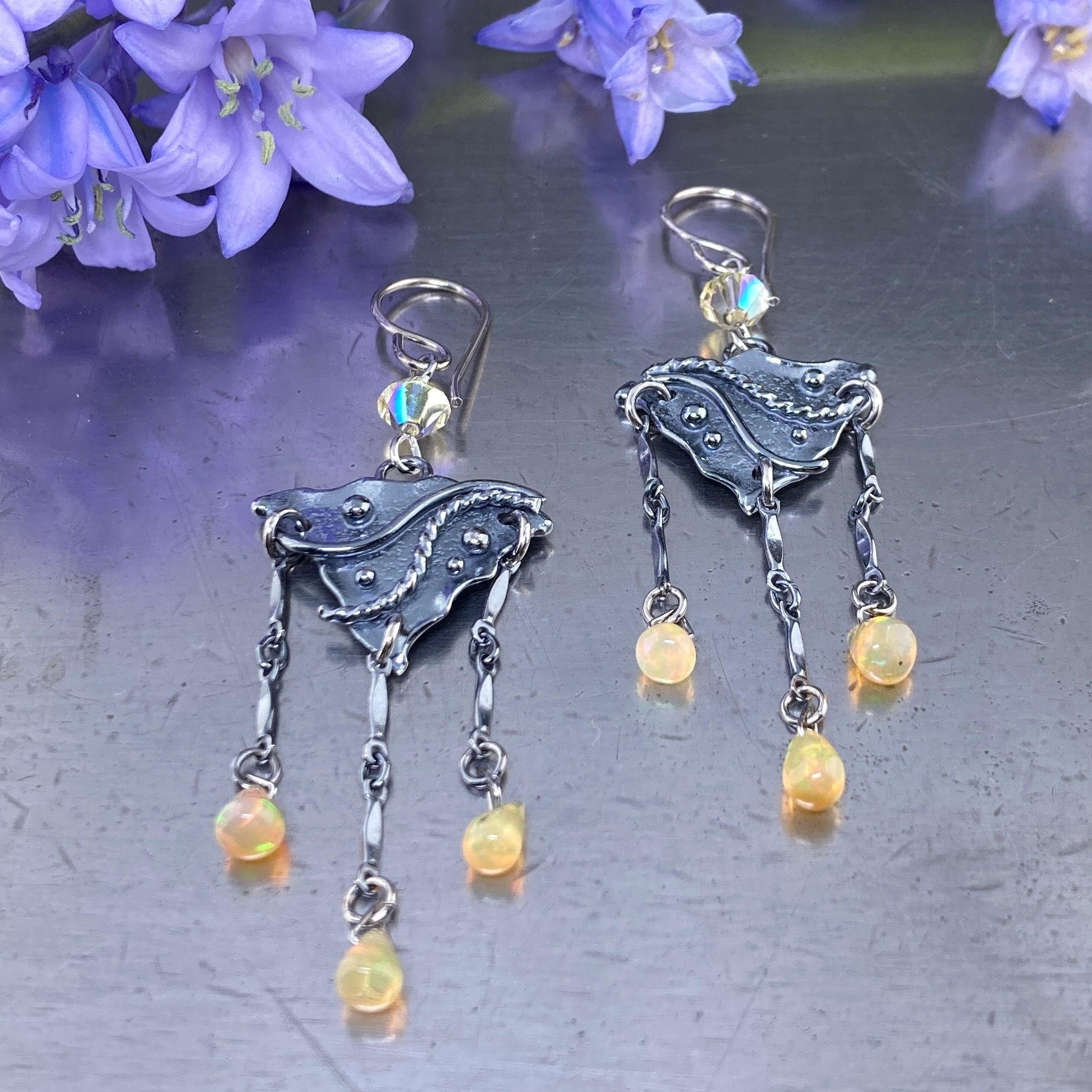 opal earrings - chandelier - antique Argentium silver