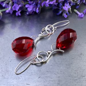 red topaz earrings - wave curl - Argentium silver - 50.5 carat