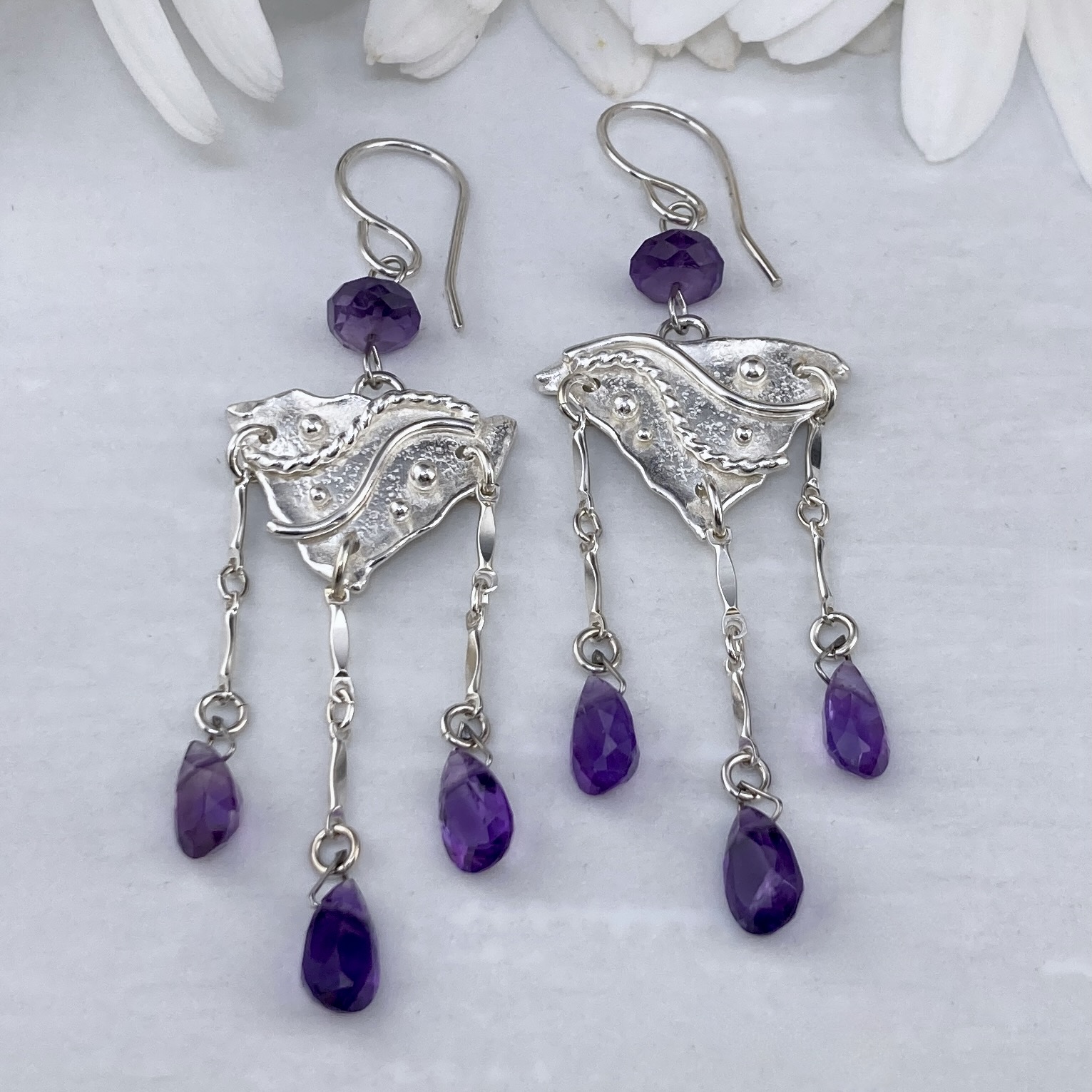 amethyst earrings - chandelier - Argentium silver waves - Image 4