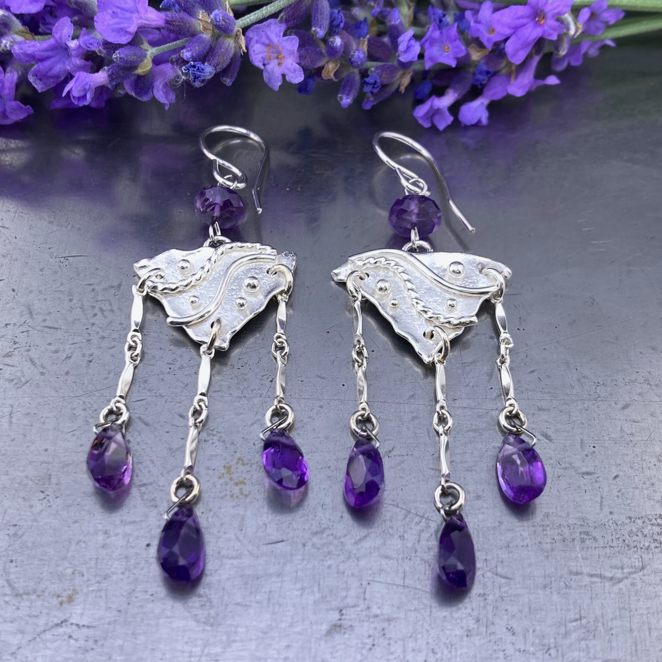 amethyst earrings - chandelier - Argentium silver waves - Image 3